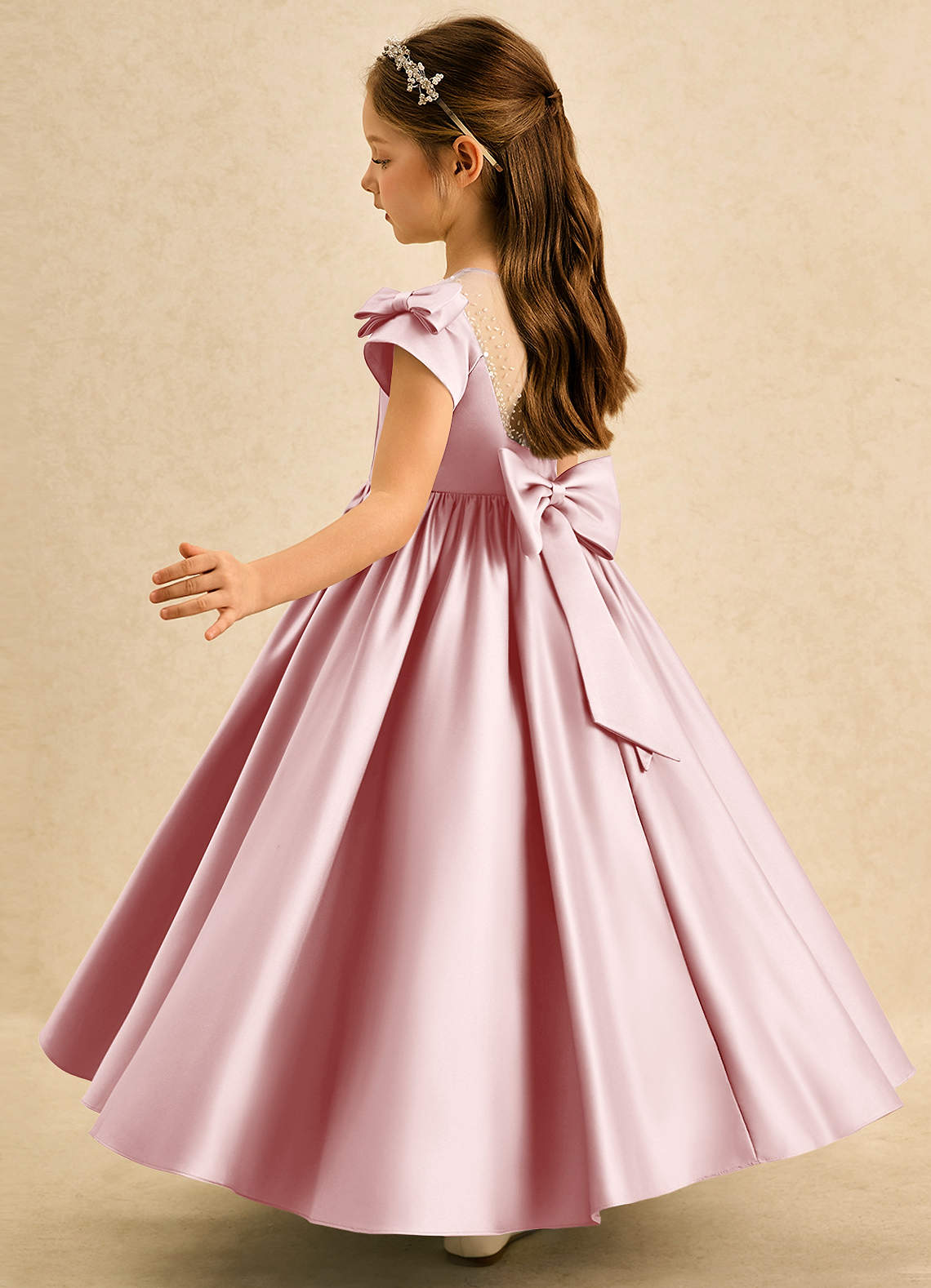 Azazie Toffee Vestidos de florista Vestido Pó Rosa de Cetim fosco de Vestido de baile com Laço image4