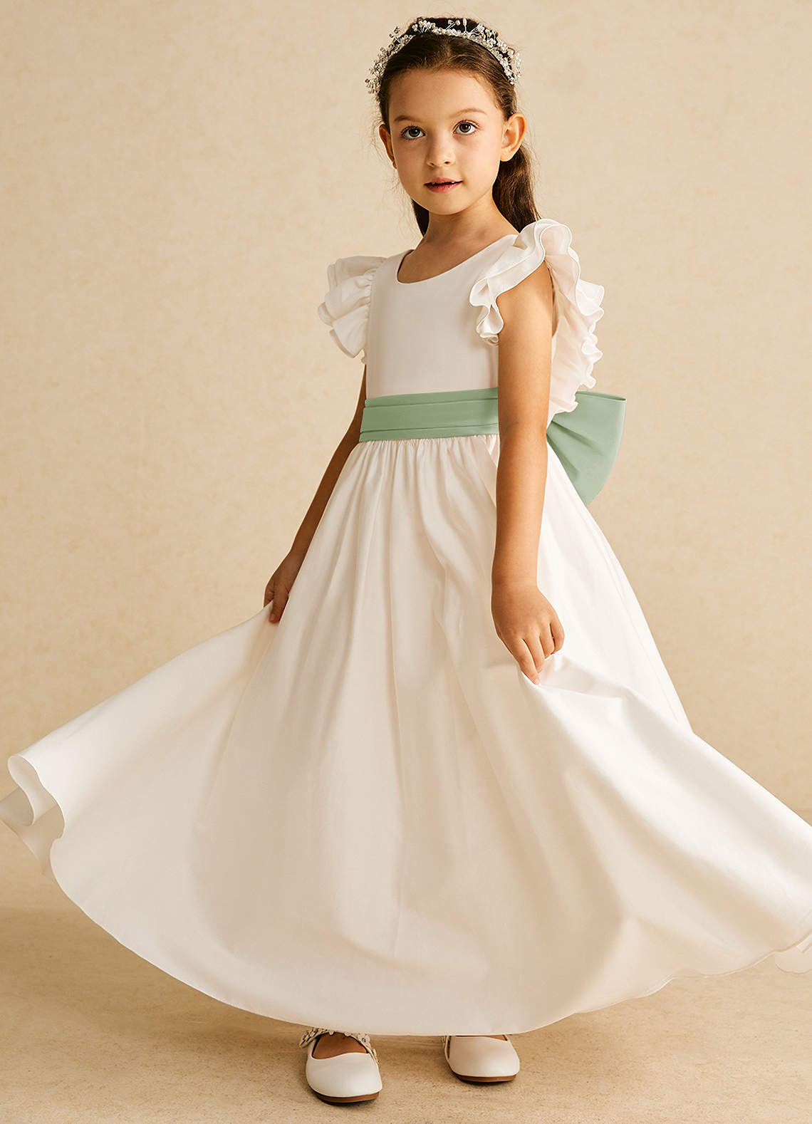 Azazie Aero Flower Girl Dresses Ivory Dusty Sage A-Line Pleated Cotton Dress image1