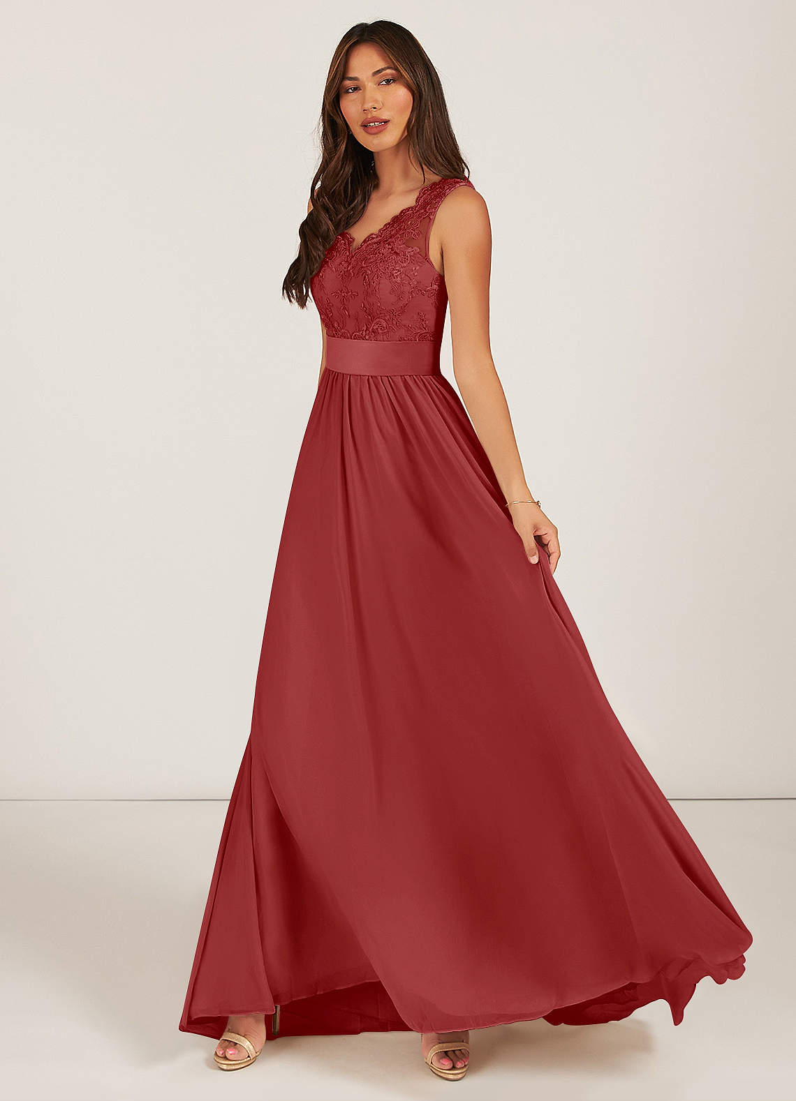 Azazie Gertrude Bridesmaid Dresses Rust A-Line Lace Chiffon Dress image2