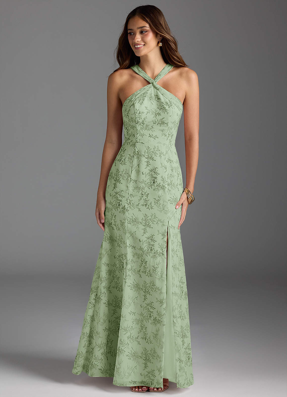 Azazie Rue Bridesmaid Dresses Green Fern Floral A-Line Halter Chiffon Dress image3