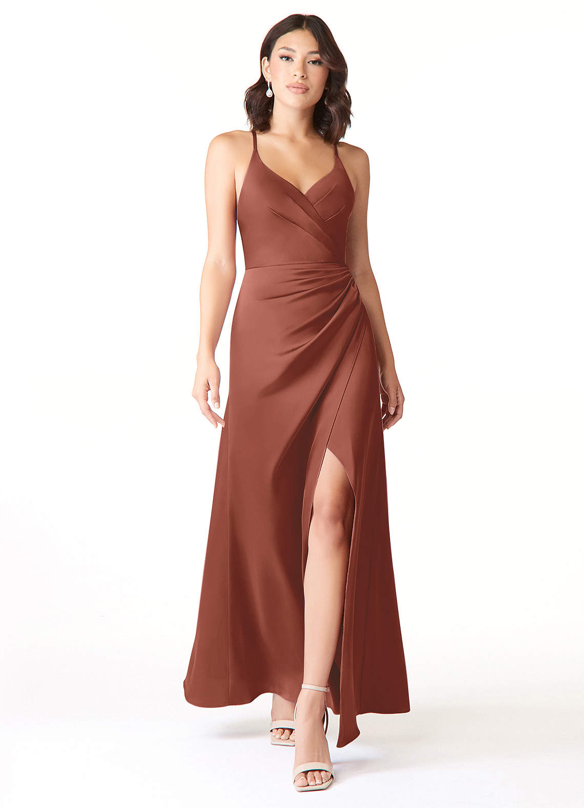 Azazie Geanna Brautjungfernkleider Etui V-Hals Gefaltet Stretch-Satin Kleid Rotbraun image1