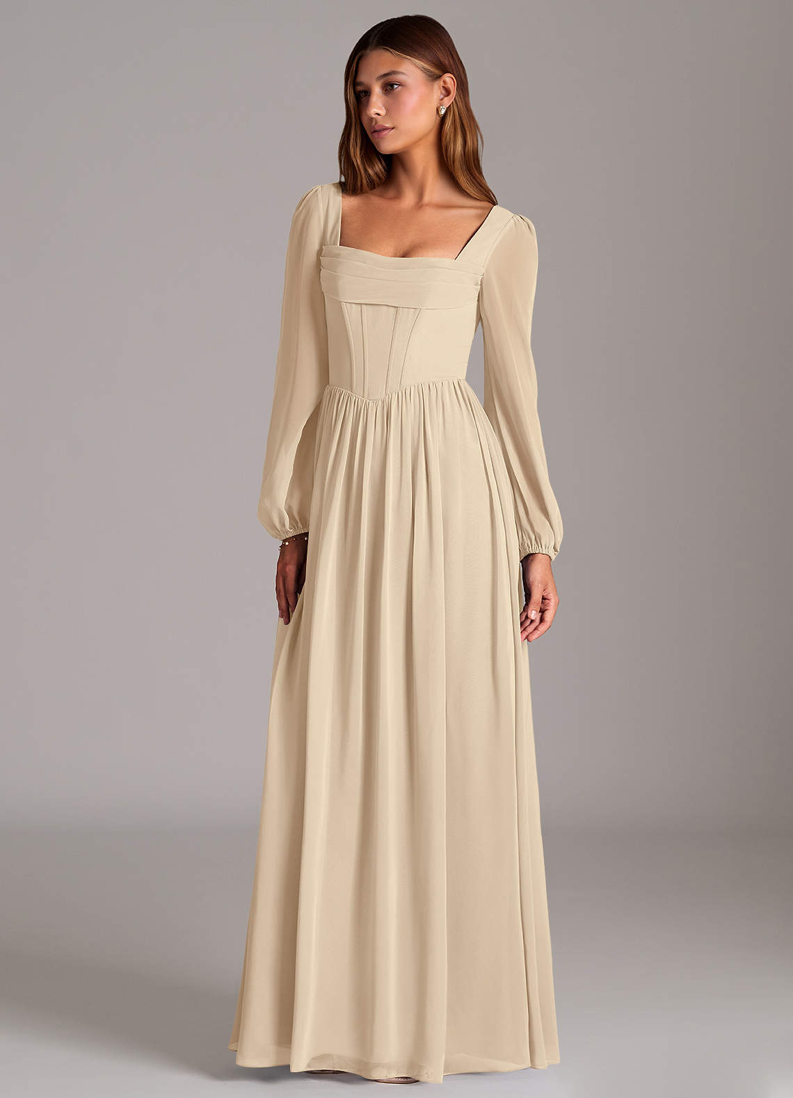 Azazie Maree Robes de demoiselle d'honneur Robe Trapèze en Mousseline de soie Corset Champagne image1