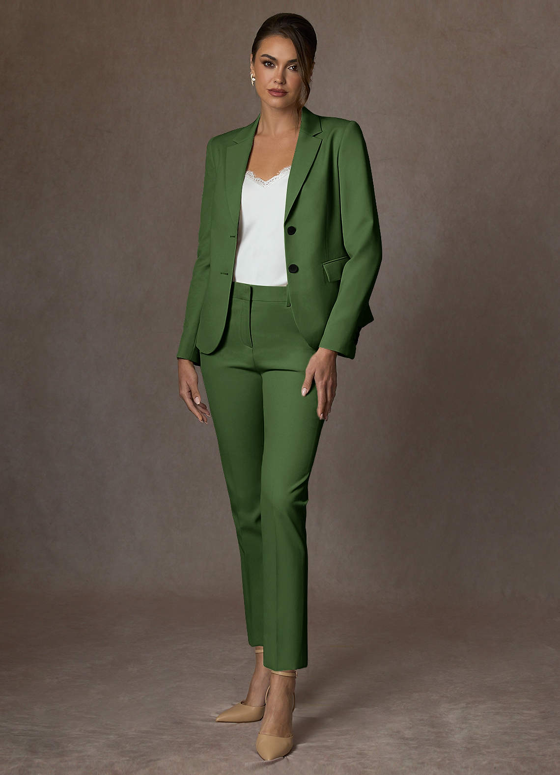 front Whitney Olive Structured Stretch Full Length Pants Suit