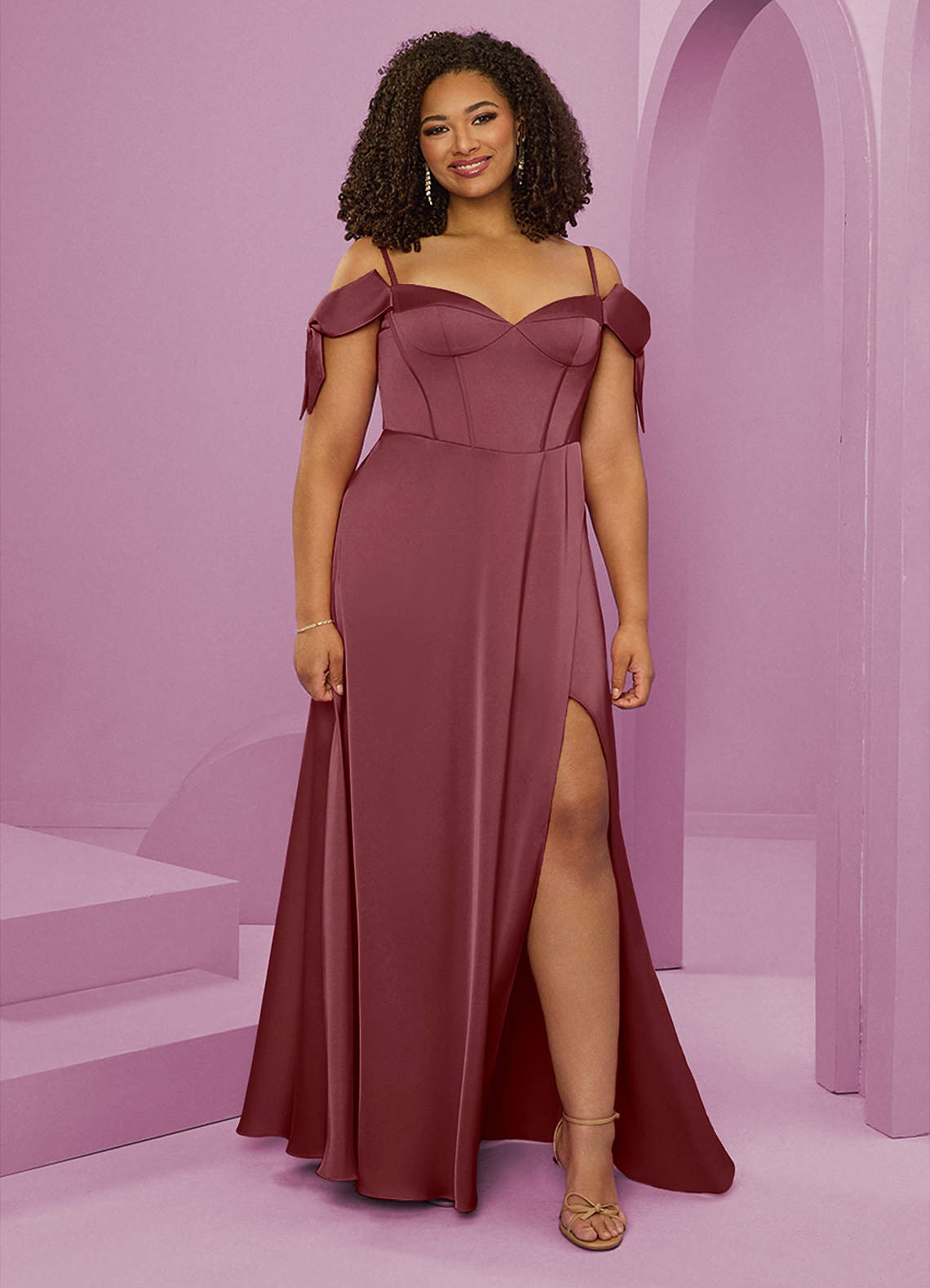 Barbie ♥ Azazie Jurken voor bruidsmeisjes Jurk van Stretch Satijn met A-Lijn Off the Shoulder Woestijnroos image1