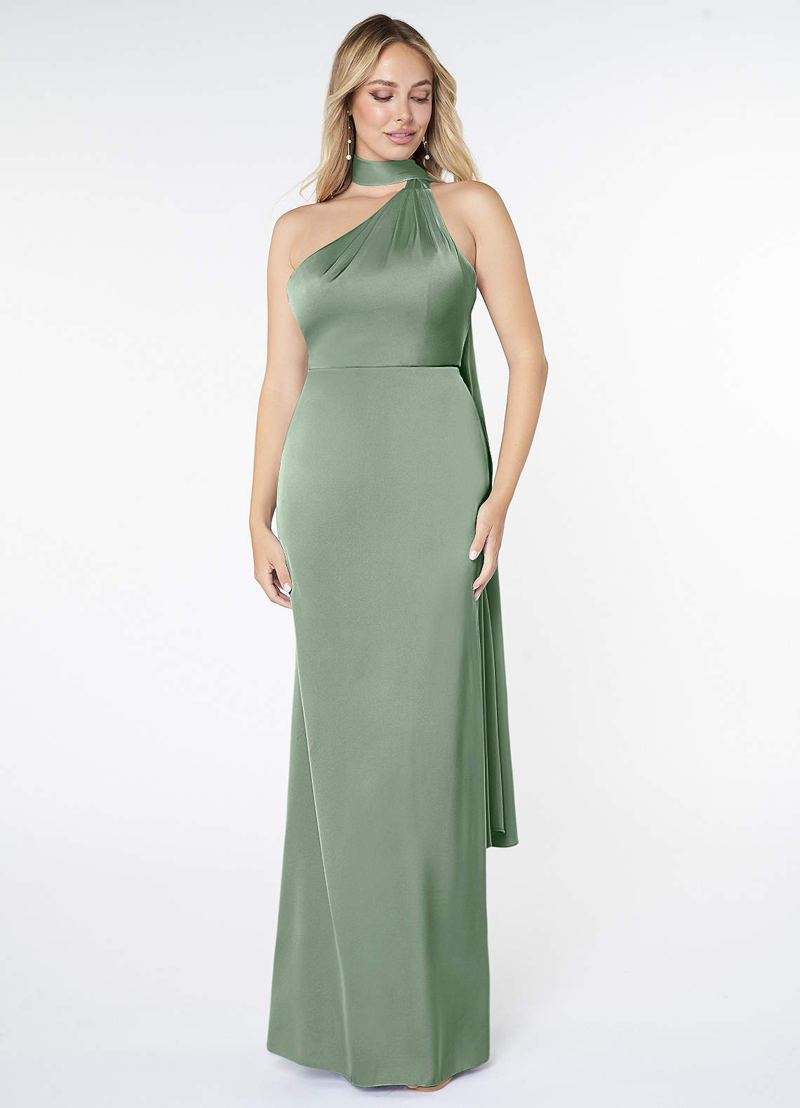 Azazie Kaylani Bridesmaid Dresses Matcha Mermaid High Neck Stretch Satin Dress image1
