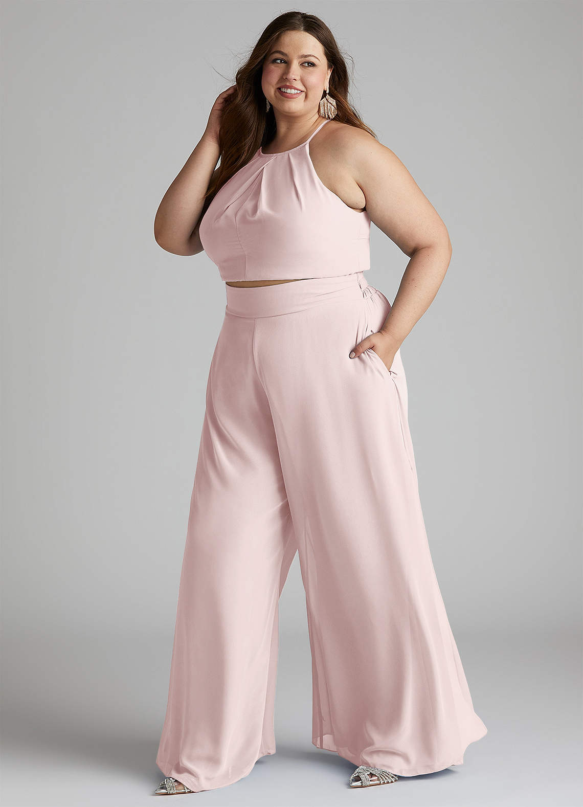 Azazie Kenzi Bridesmaid Dresses Blushing Pink Pleated Chiffon Jumpsuit image1