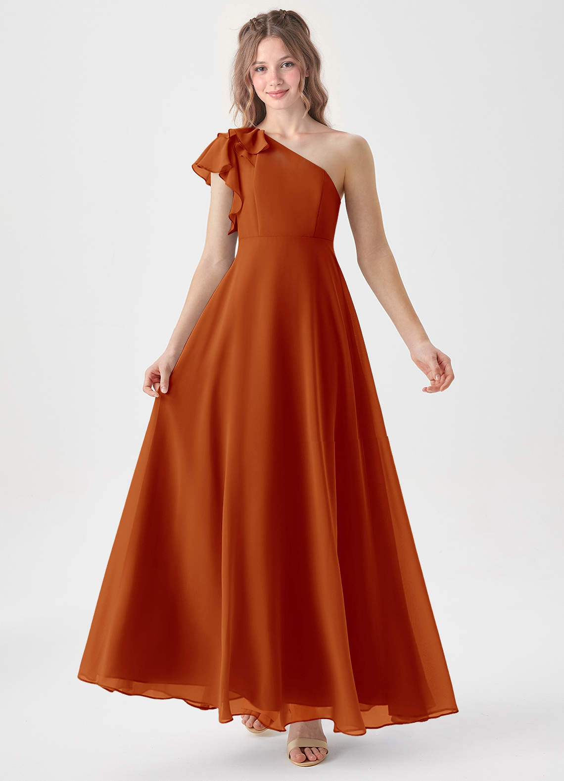 Azazie Arabella Junior Paprika A-Line Ruched Chiffon Dress image1