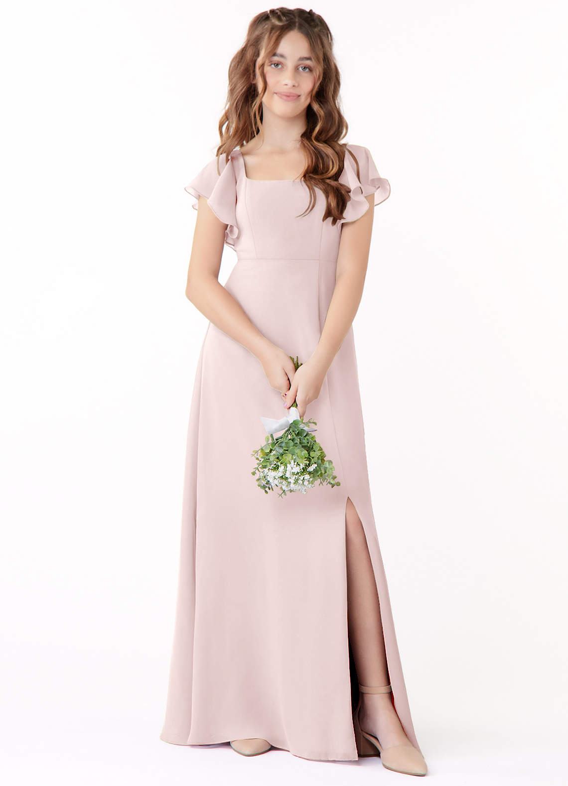 Azazie Bondi Junior Blushing Pink A-Line Bow Chiffon Dress image1