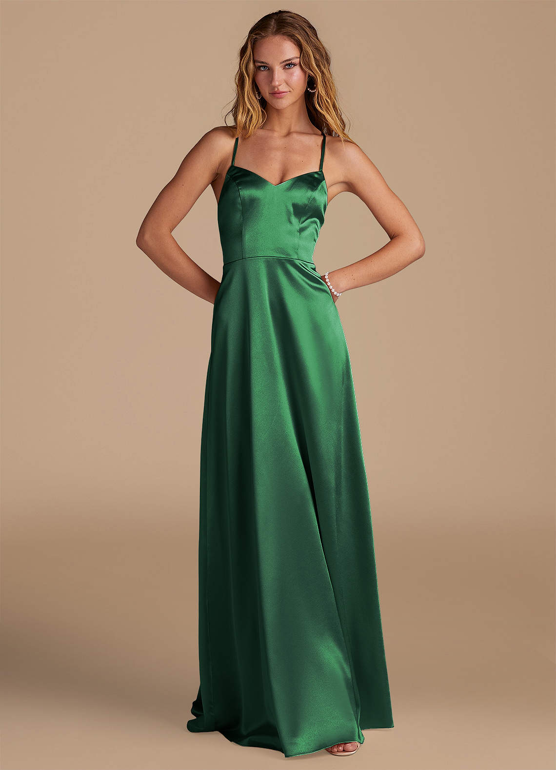 Azazie Mei Bridesmaid Dresses Dark Green A-Line Metallic Satin Dress image1