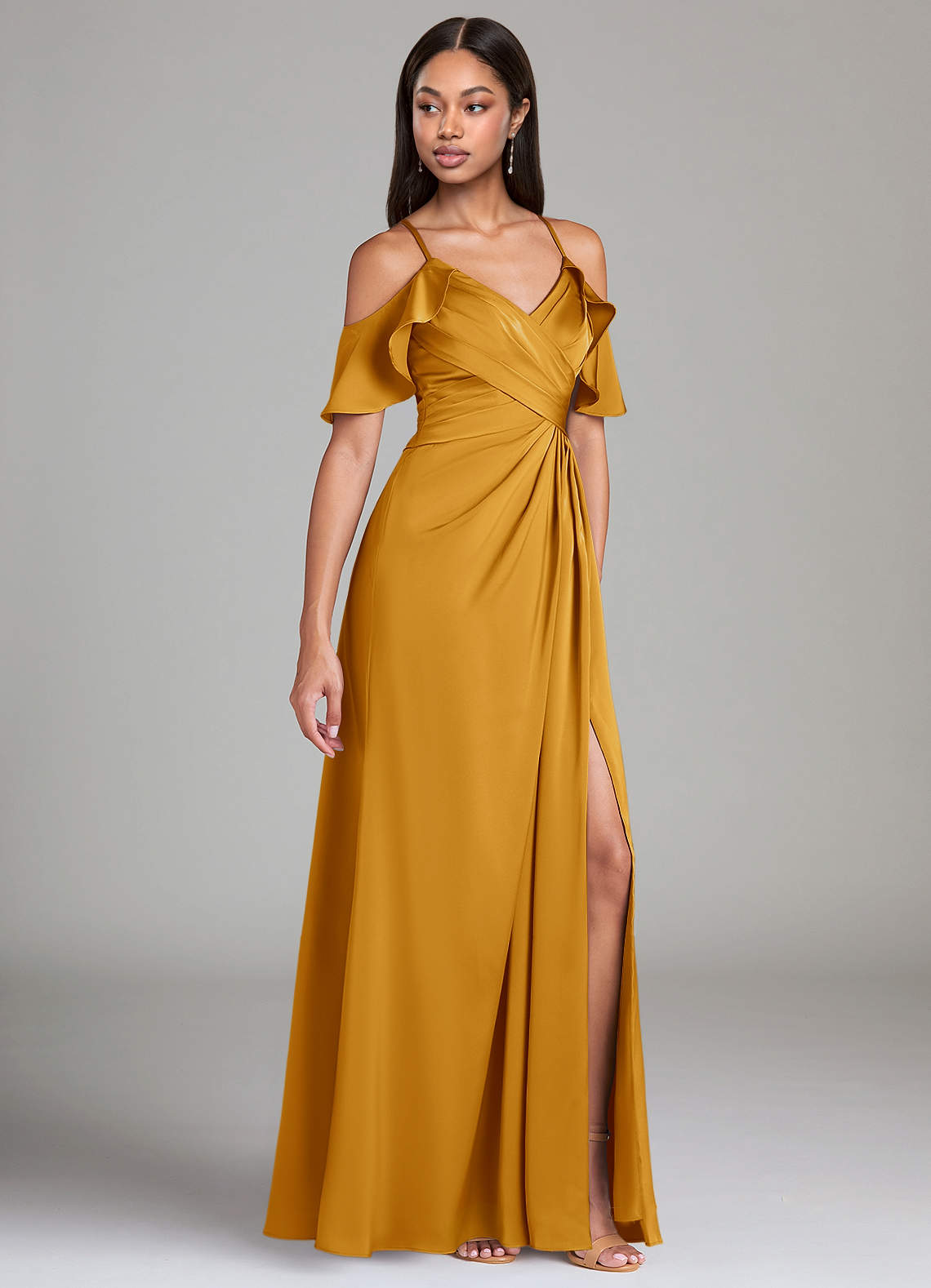 Azazie Dakota Bridesmaid Dresses Butterscotch A-Line Off the Shoulder Stretch Satin Dress image1