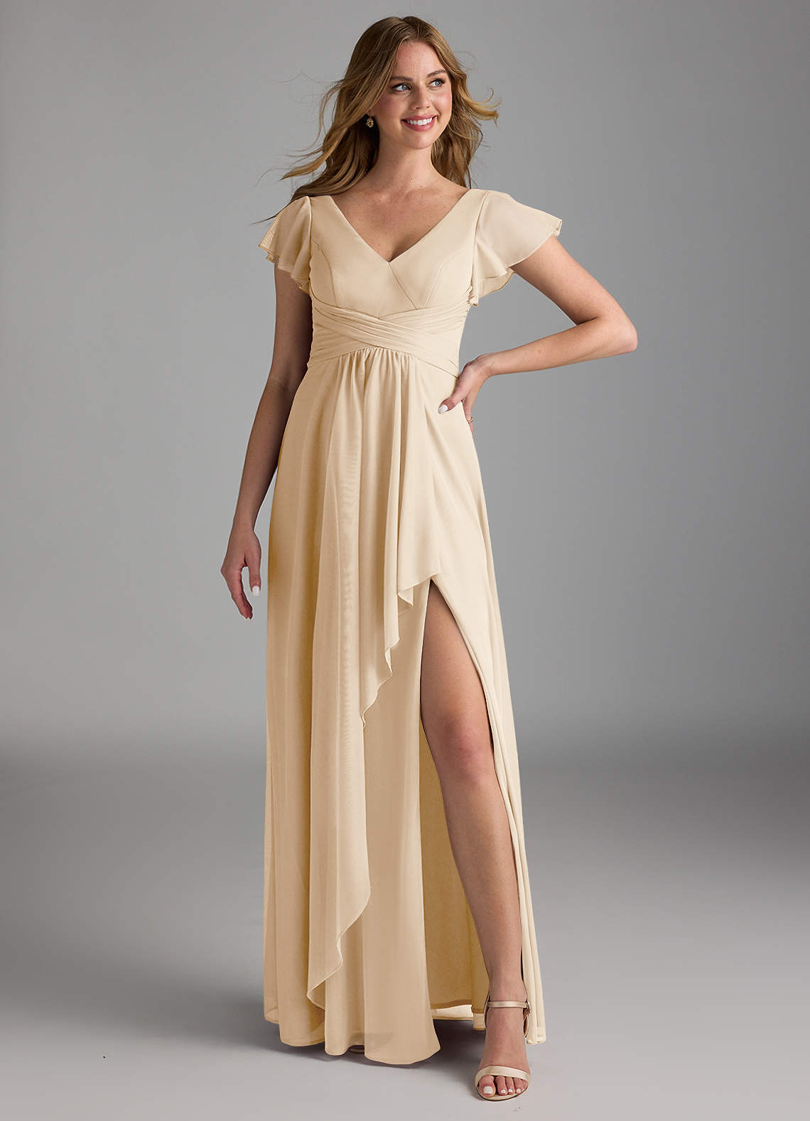Azazie Omari Ready to Ship Champagne Mesh Bridesmaid Dresses | Azazie