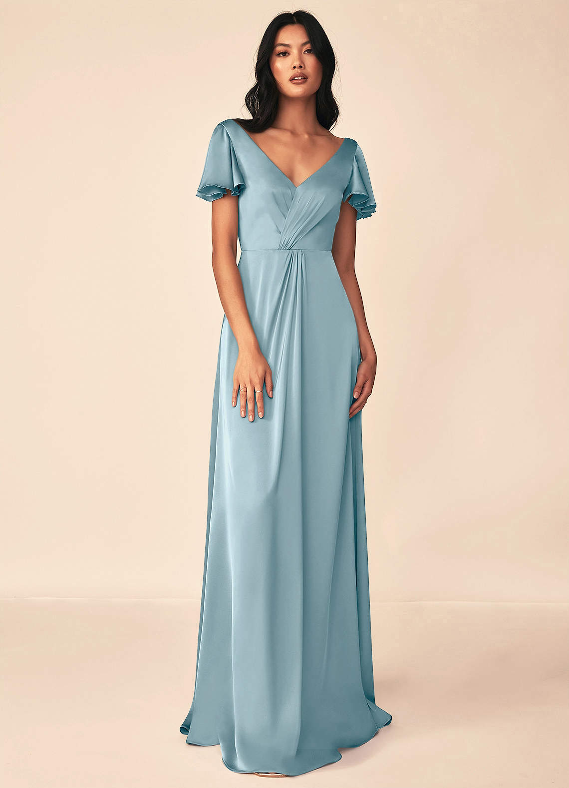 Azazie Soren Vestidos de damas de honor Vestido de Azul Malhumorado de Satén Elástico de Corte en A con Plisado image1