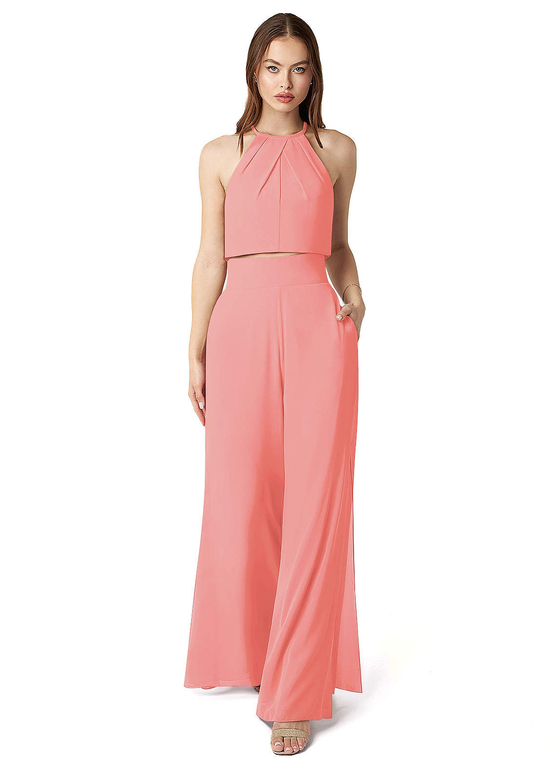 Azazie Kenzi Bridesmaid Dresses Coral Pleated Chiffon Jumpsuit image1