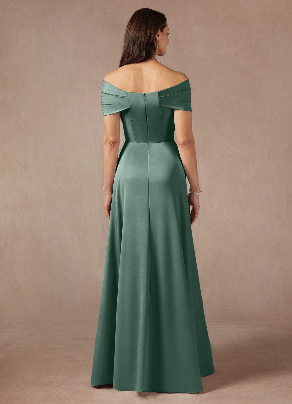 Azazie Amelia Mother of the Bride Dresses Eucalyptus A-Line Off the Shoulder Stretch Satin Dress image5