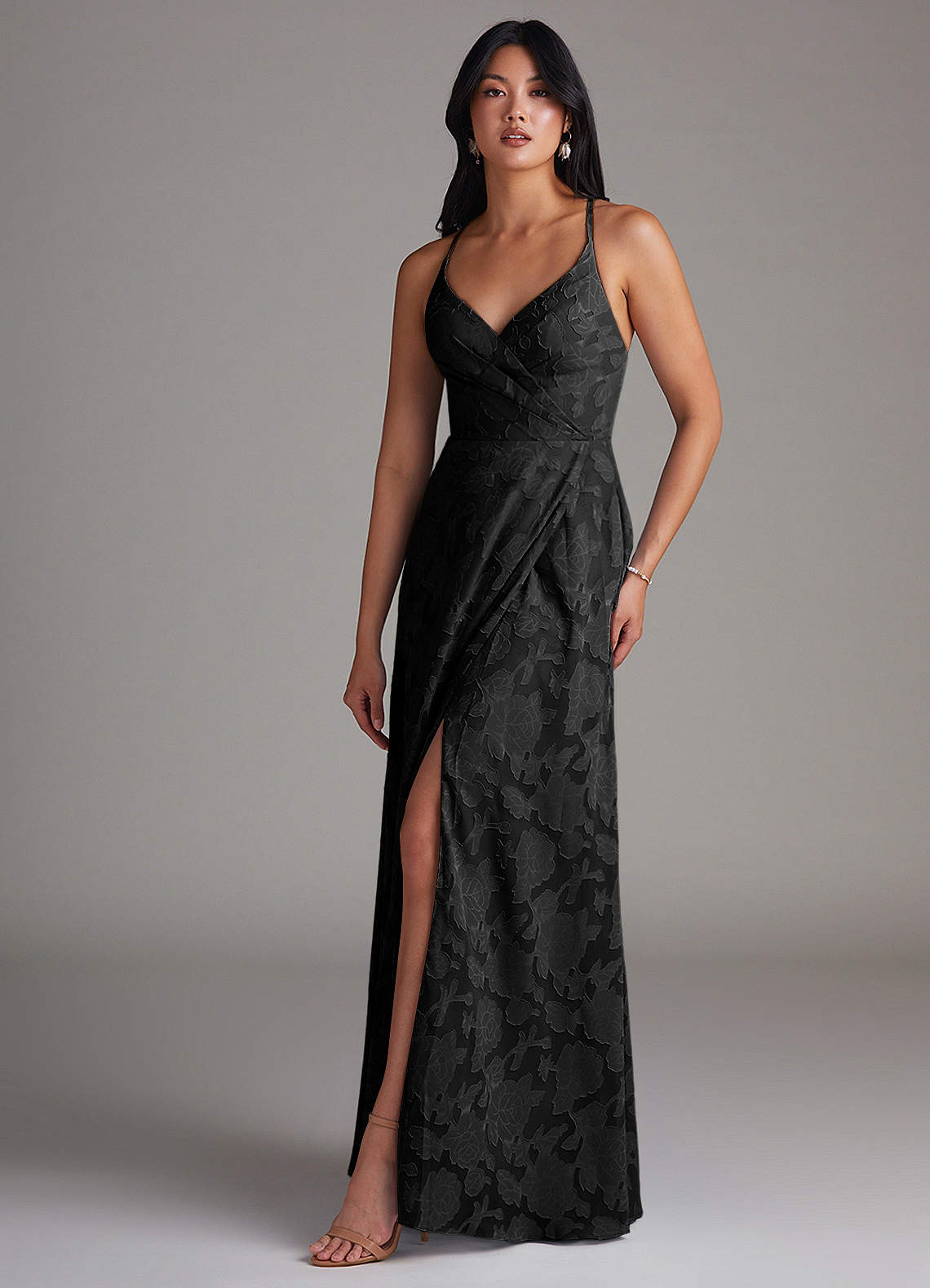 Azazie Davis Bridesmaid Dresses Black A-Line Pleated Floral Burnout Dress image1