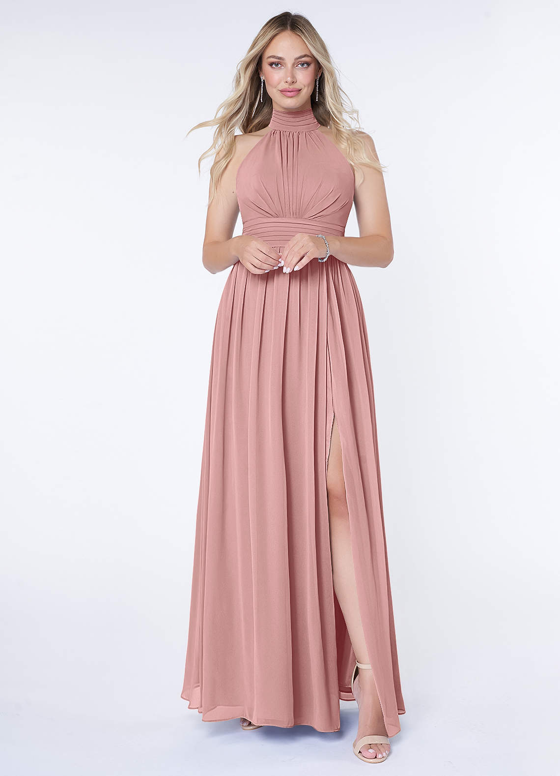 Azazie Iman Vestidos de damas de honor Vestido de Rosa Polvorienta de Gasa de Corte en A con Línea A fruncida image1