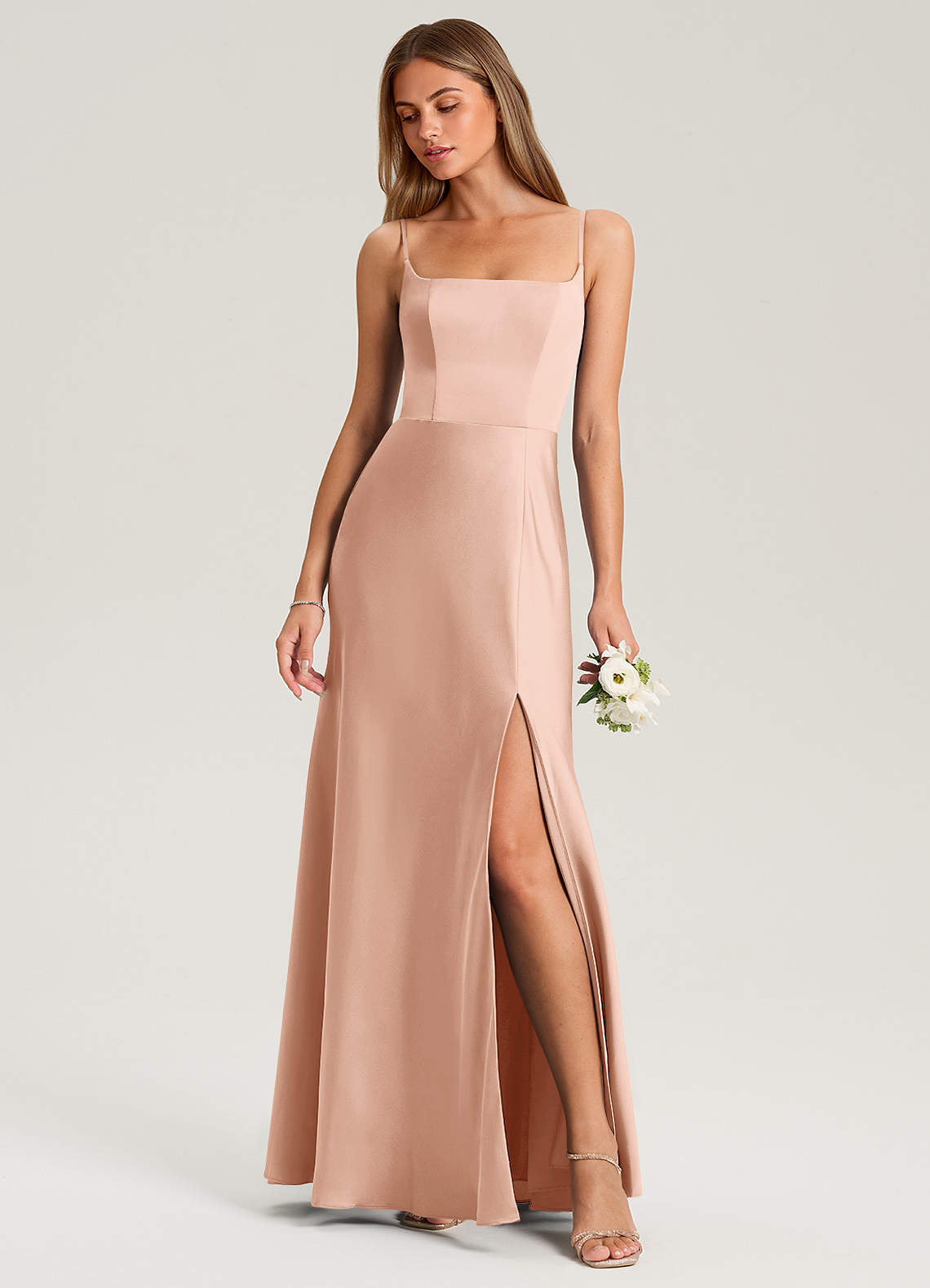 Azazie Lidia Bridesmaid Dresses Rose Gold Mermaid Side Slit Stretch Satin Dress image1