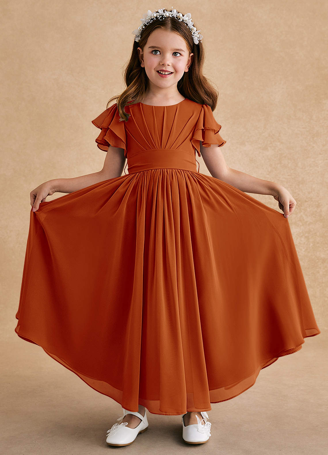 Azazie Ali Flower Girl Dresses Paprika A-Line Pleated Chiffon Dress image1