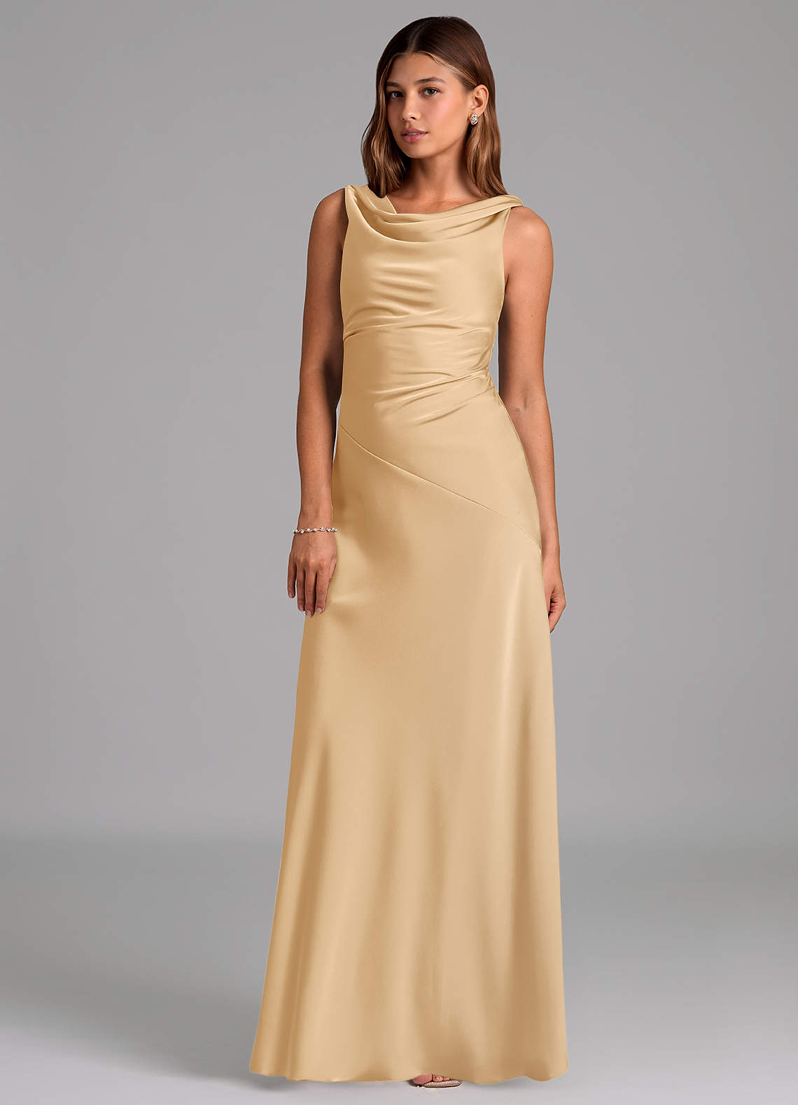 Azazie Nerine Jurken voor bruidsmeisjes Jurk van Stretch Satijn met A-Lijn Geplooid Goud image1