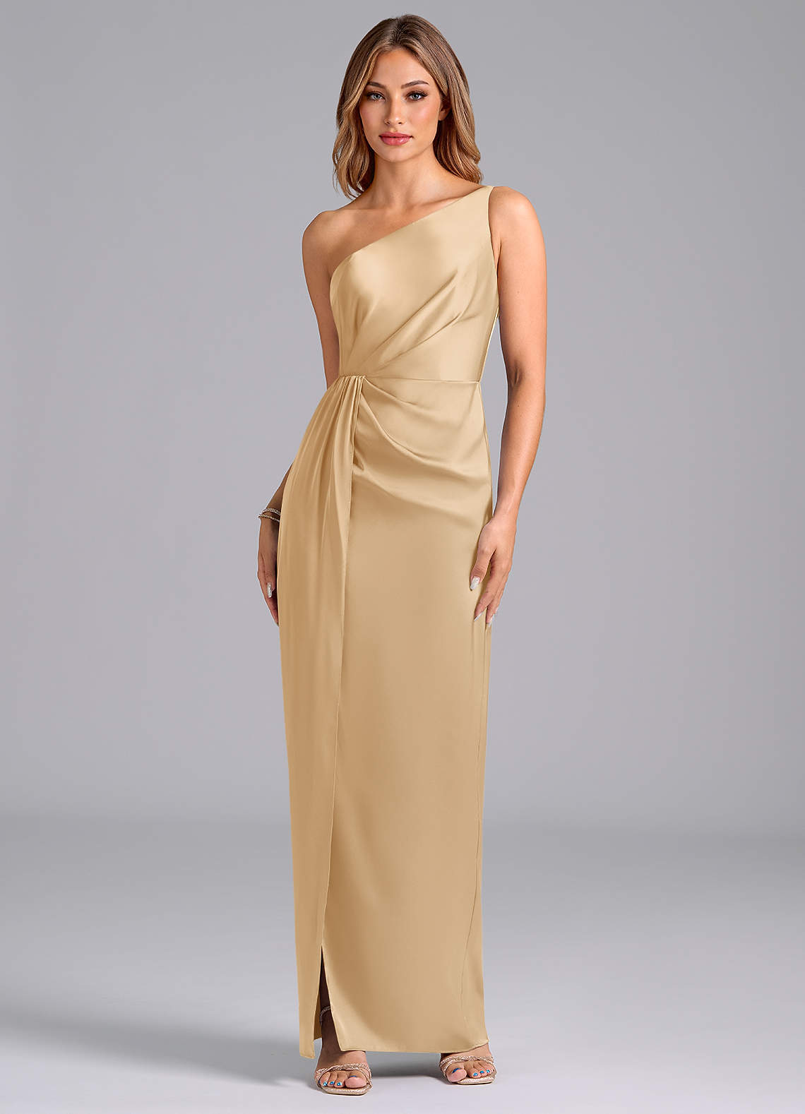 Azazie Naria Bridesmaid Dresses Gold Sheath One Shoulder Stretch Satin Dress image1