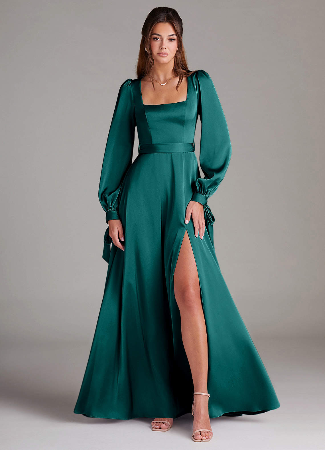 Azazie Leonia Bridesmaid Dresses Peacock A-Line Long Sleeve Stretch Satin Dress image1