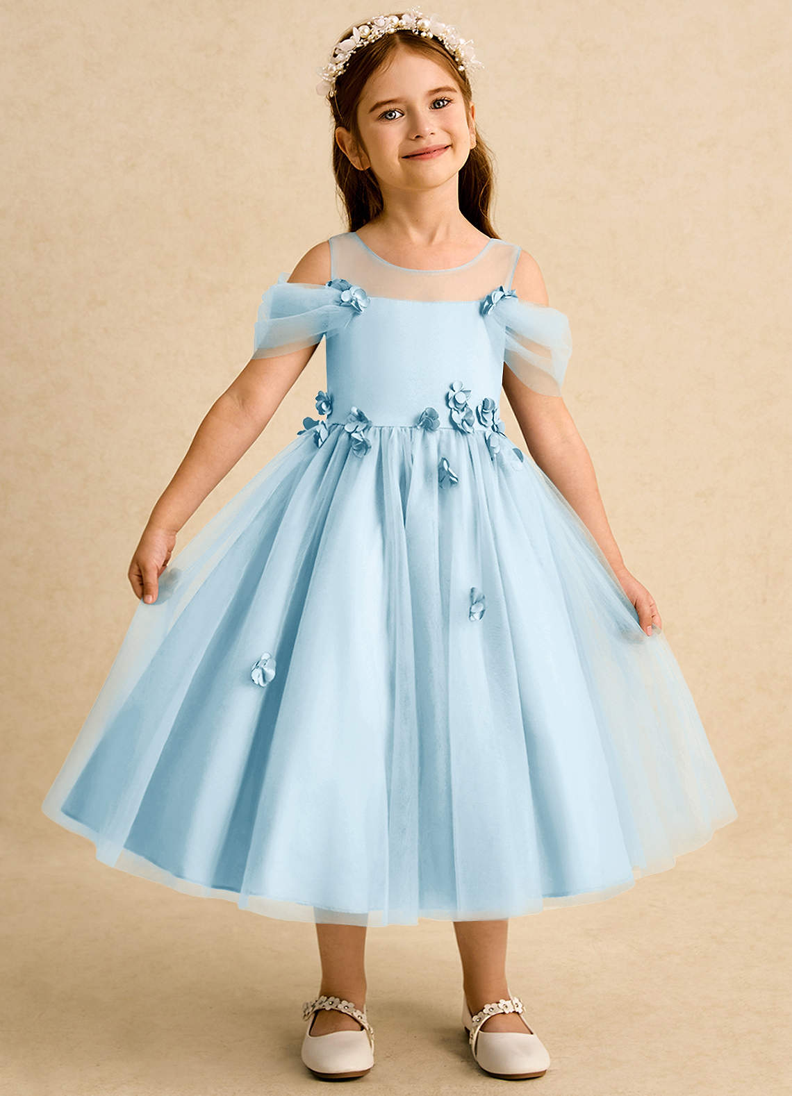Azazie Juni Abiti da Ragazza di Fiori Abito Principessa in Tulle Plissettato Azzurro image1