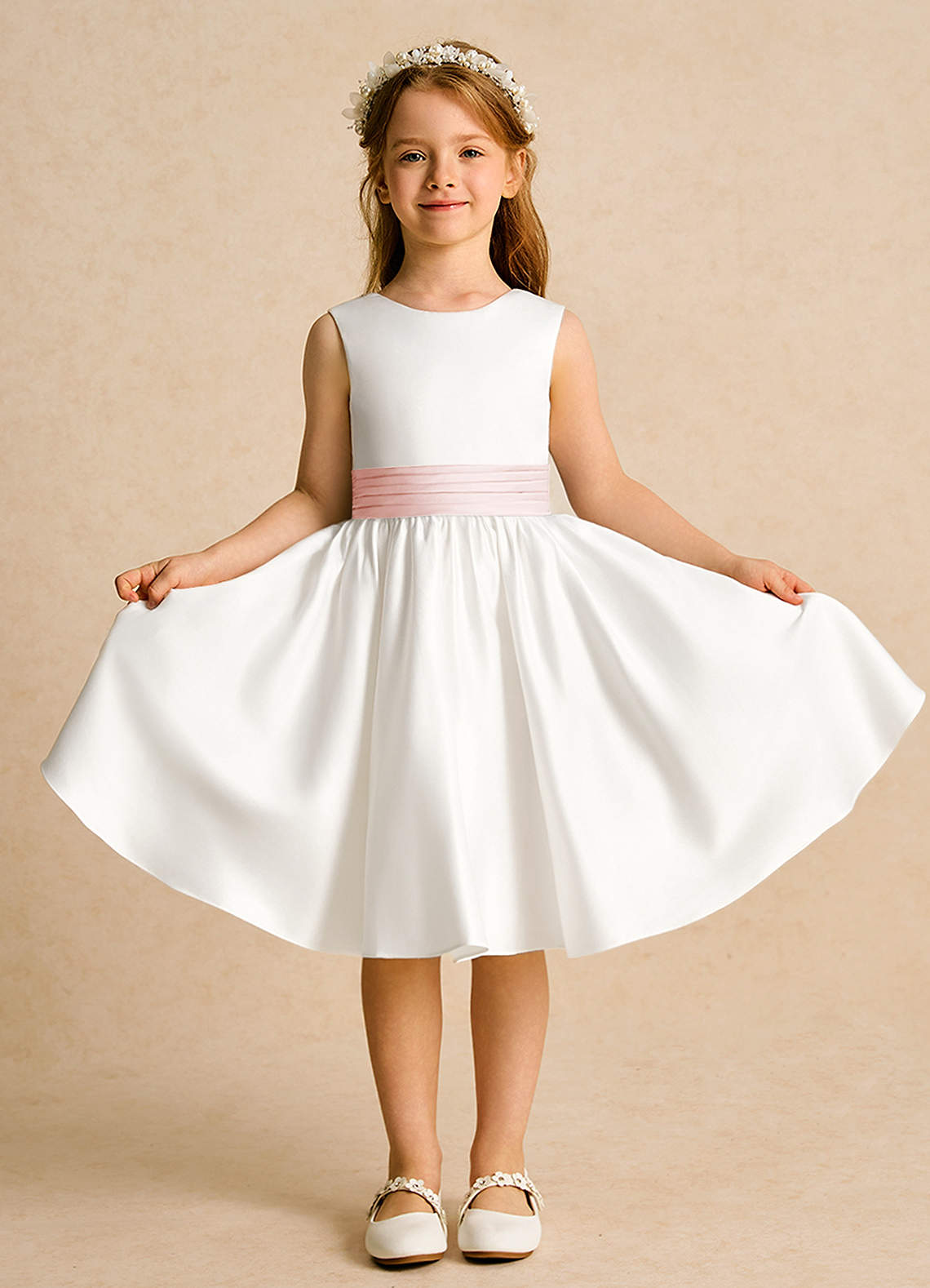 Azazie Sosie vestidos de niña de las flores Vestido de Marfil Rosa Ruborizado de Satin Mate de Corte En A con Plisado image1