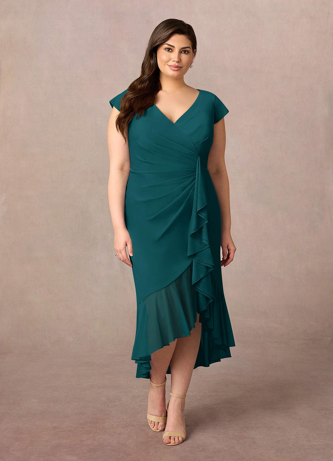 Azazie Renetta Mother of the Bride Dresses Peacock Sheath V-Neck Pleated Mesh Dress image1