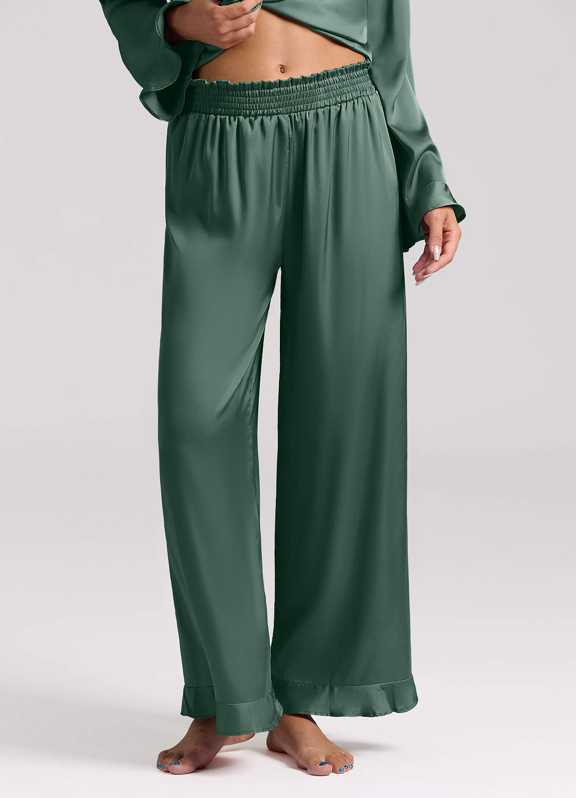front Ruffled Satin Long Sleeve Pajama Set