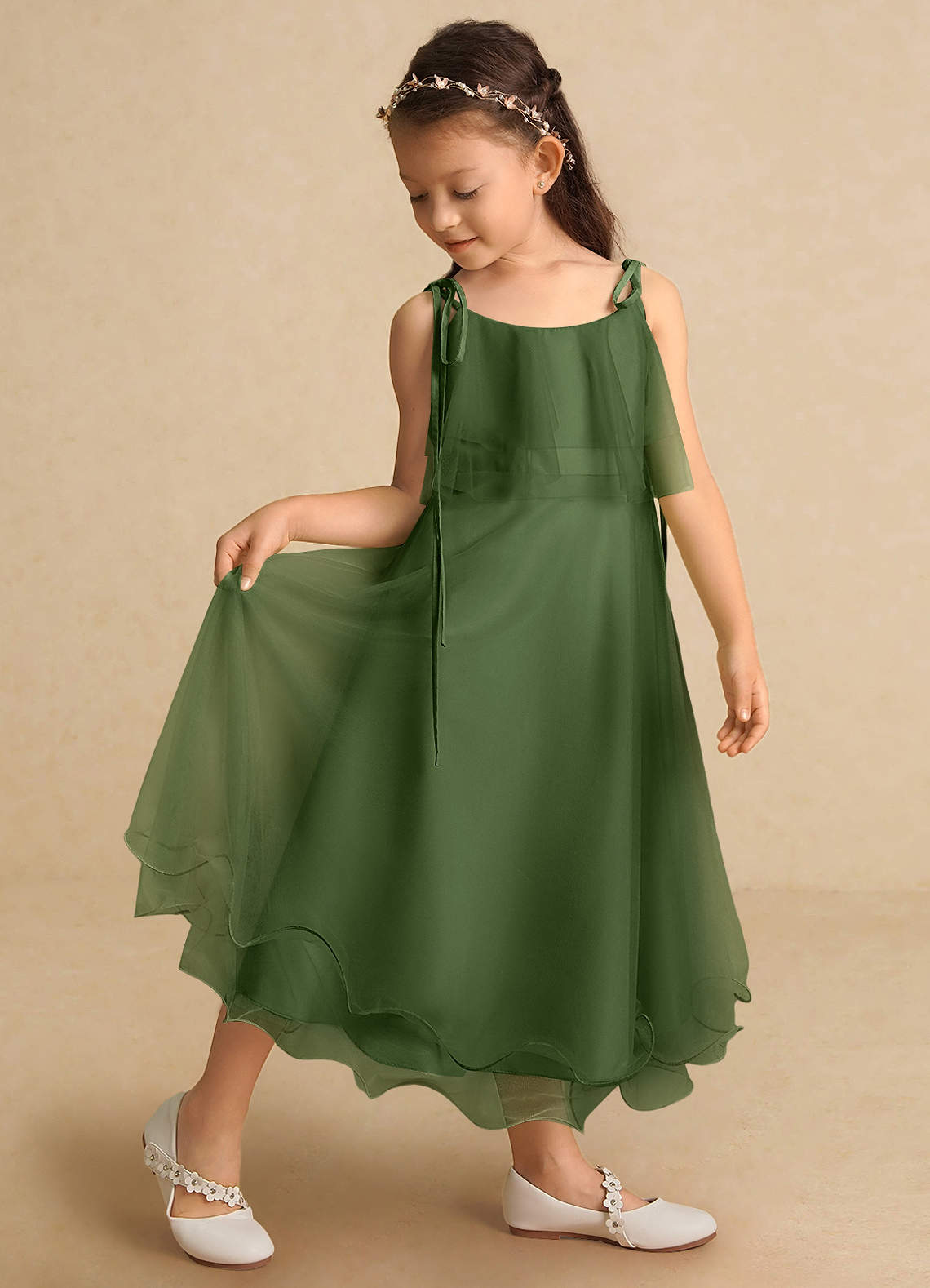 Azazie Bunie Flower Girl Dresses Olive A-Line Spaghetti Strap Tulle Dress image1