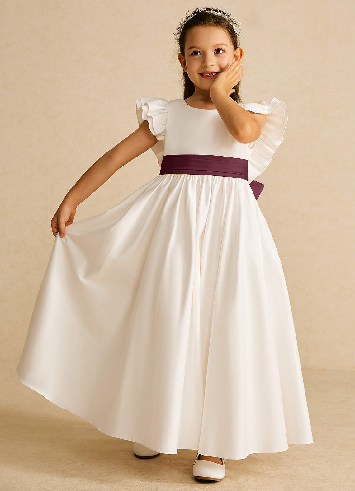 Azazie Aero Flower Girl Dresses Ivory Cabernet A-Line Pleated Cotton Dress image5