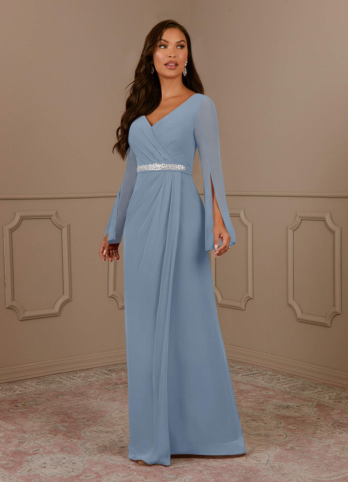Azazie Belinda Mother of the Bride Dresses Dusty Blue A-Line V-Neck Pleated Chiffon Dress image1