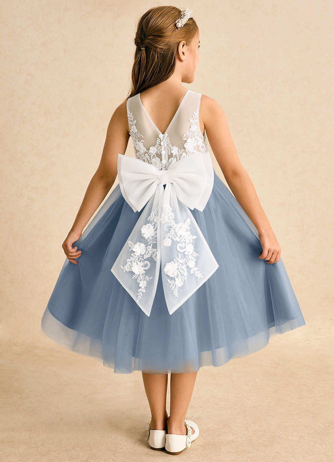 Azazie Lina Flower Girl Dresses Ivory Dusty Blue Ball-Gown Lace Dress image1
