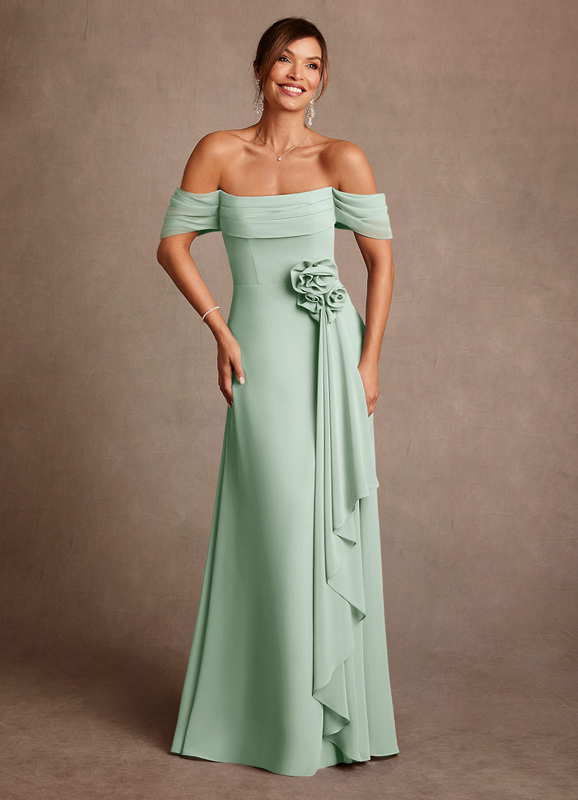 Azazie Amherst Mother of the Bride Dresses Agave A-Line Off the Shoulder Chiffon Dress image1