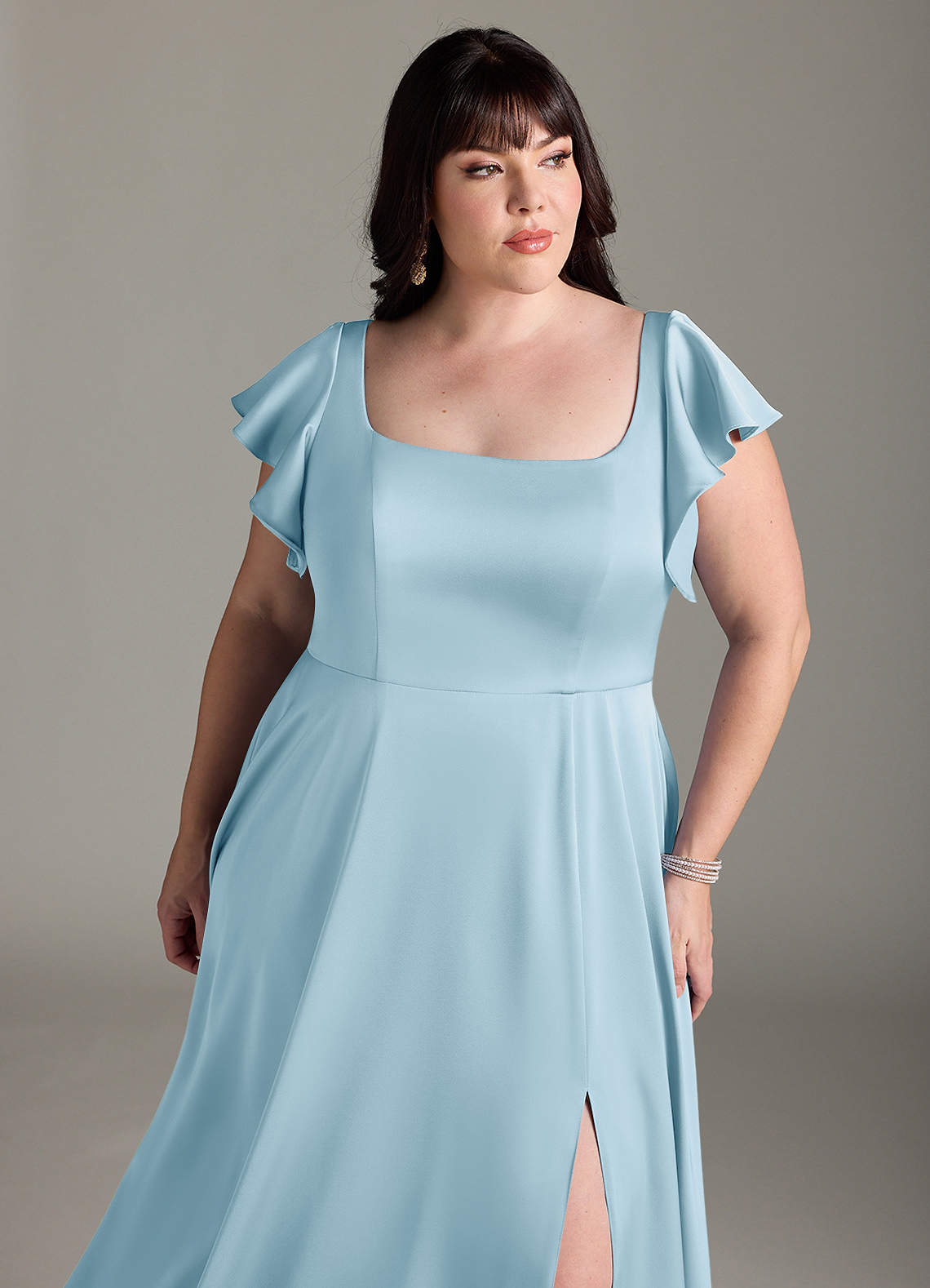 Azazie Bondi Vestidos de madrinha de casamento Vestido Céu Azul de Cetim elástico de Linha A com Arco image10