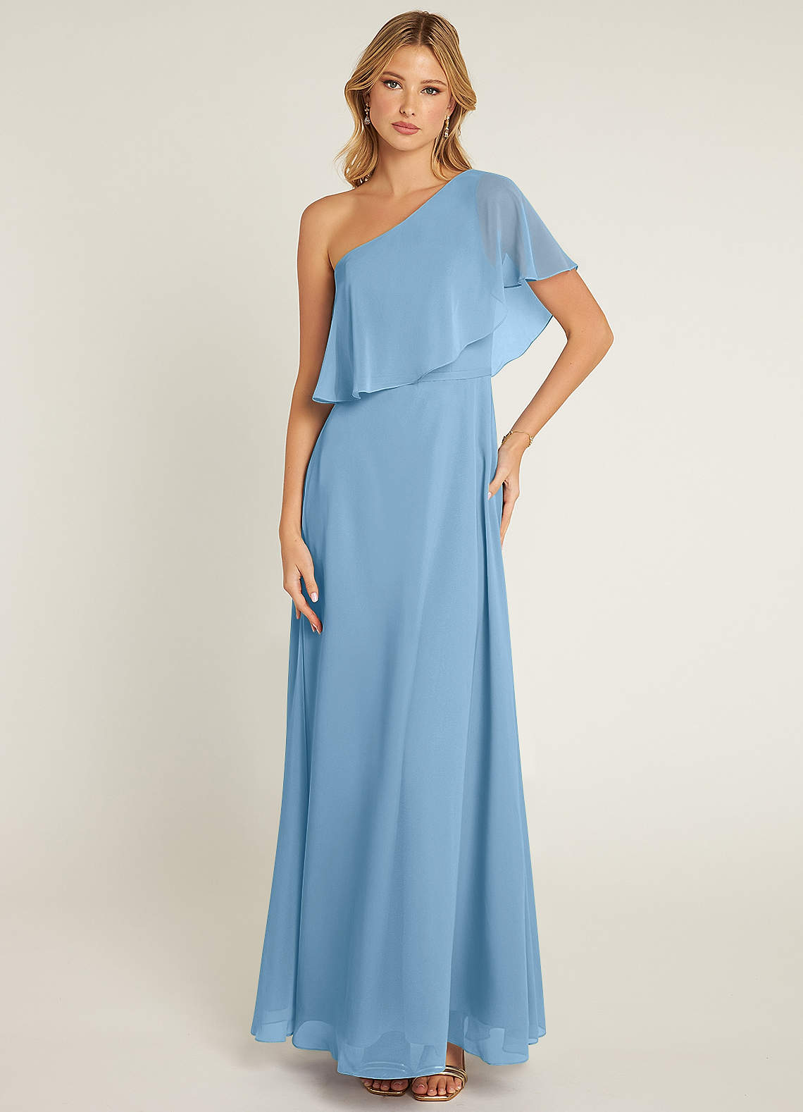 Azazie Lizzy Brautjungfernkleider A-Linie One-Shoulder Chiffon Kleid Stahlblau image1