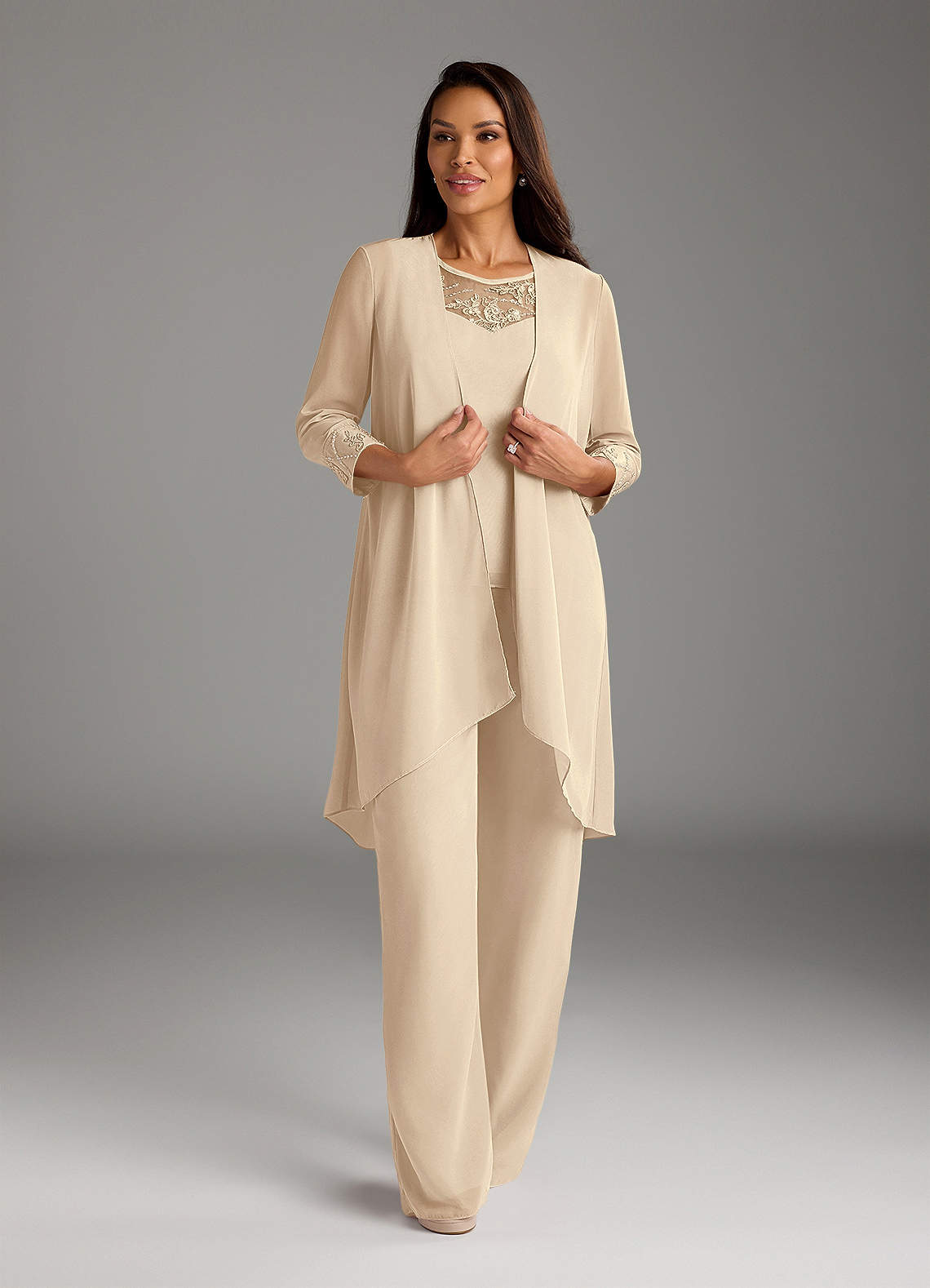 Azazie Maura Mother of the Bride Dresses Champagne Jumpsuit/Pantsuit Sequins Chiffon Dress image1