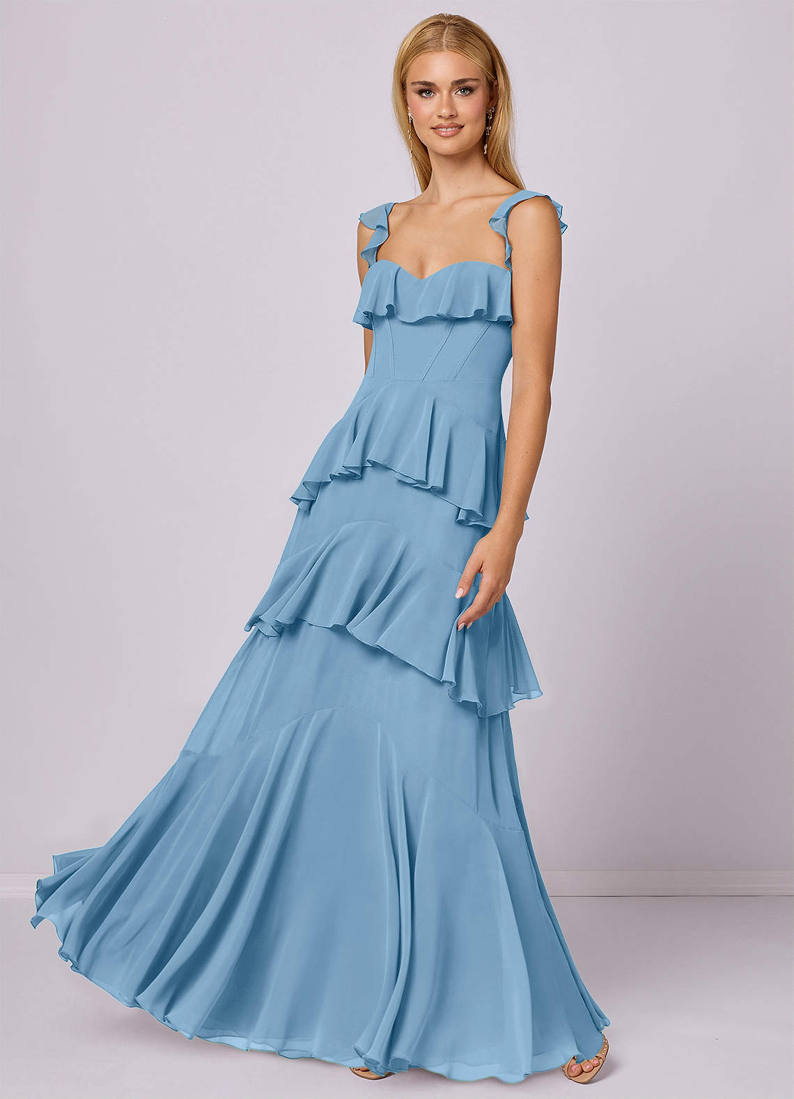 Barbie ♥ Azazie Vestidos de damas de honor Vestido de Azul Acero de Gasa de Corte en A con Escote de Corazón image1