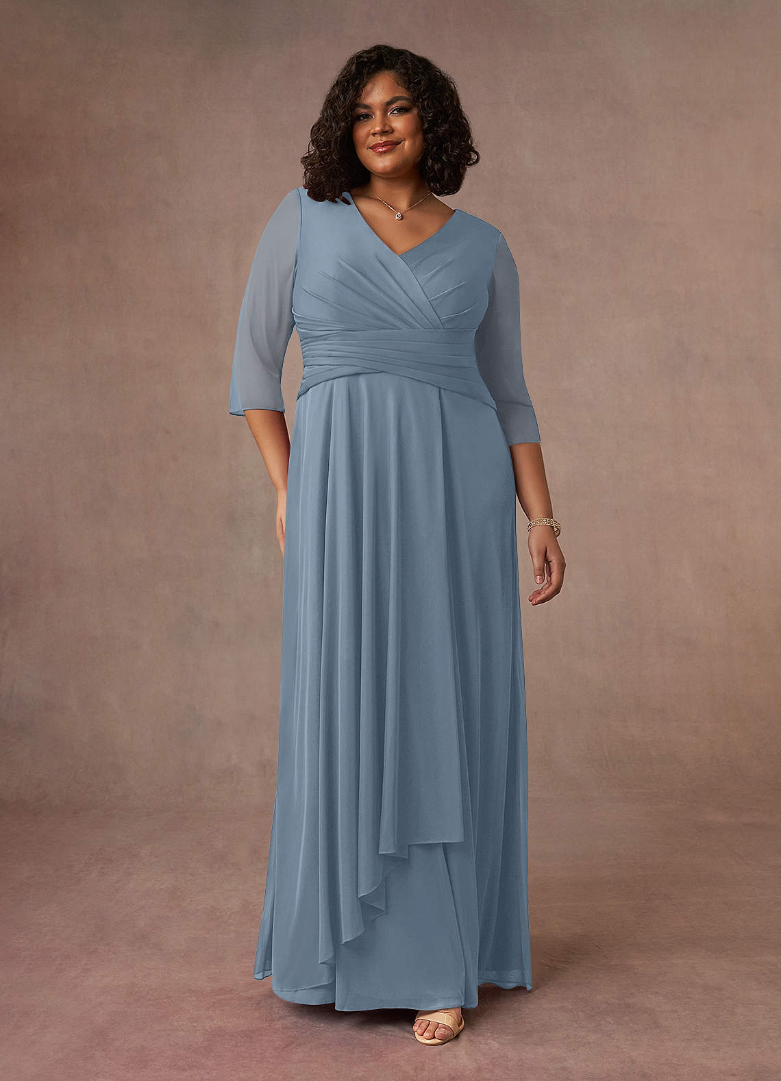 Azazie Annetta Abiti per la Madre della Sposa Abito A-Line in Maglia Plissettao con Scollo a V Blu Polveroso image7