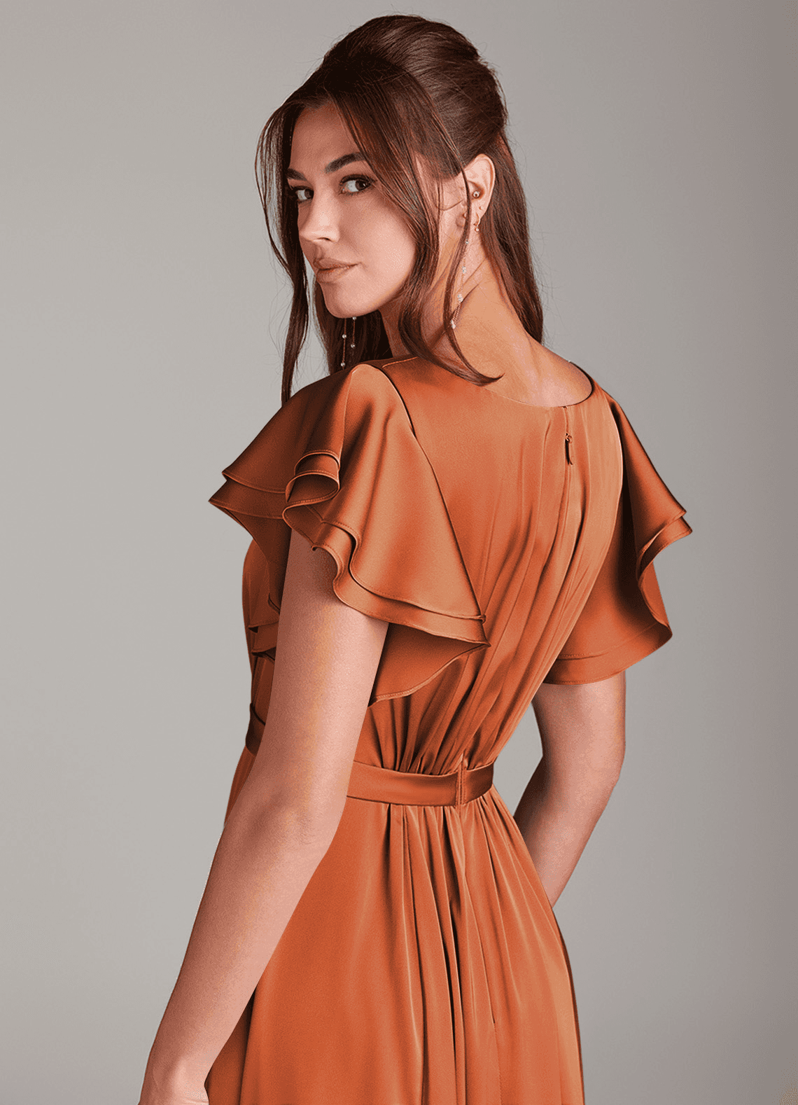 Azazie Daphne At-home Try On Dresses A-Line Ruched Stretch Satin Floor-Length Dress image4