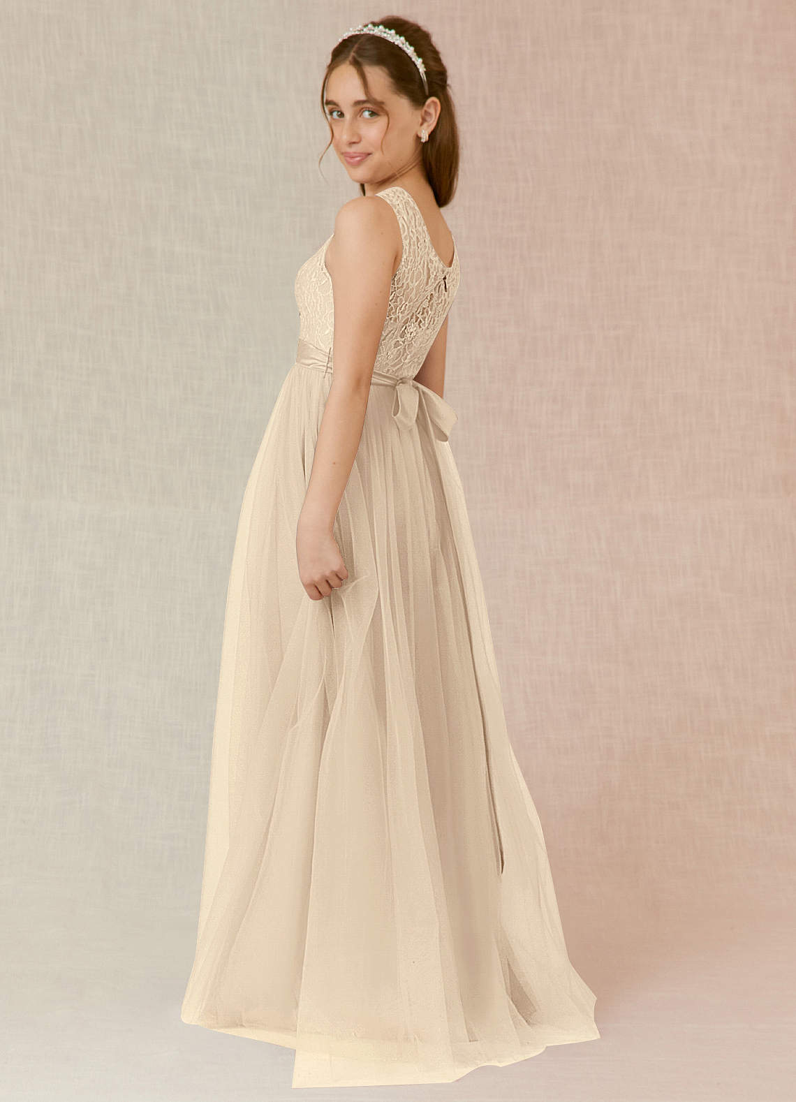 Azazie Georgette Junior Champagne A-Line Lace Tulle Dress image1