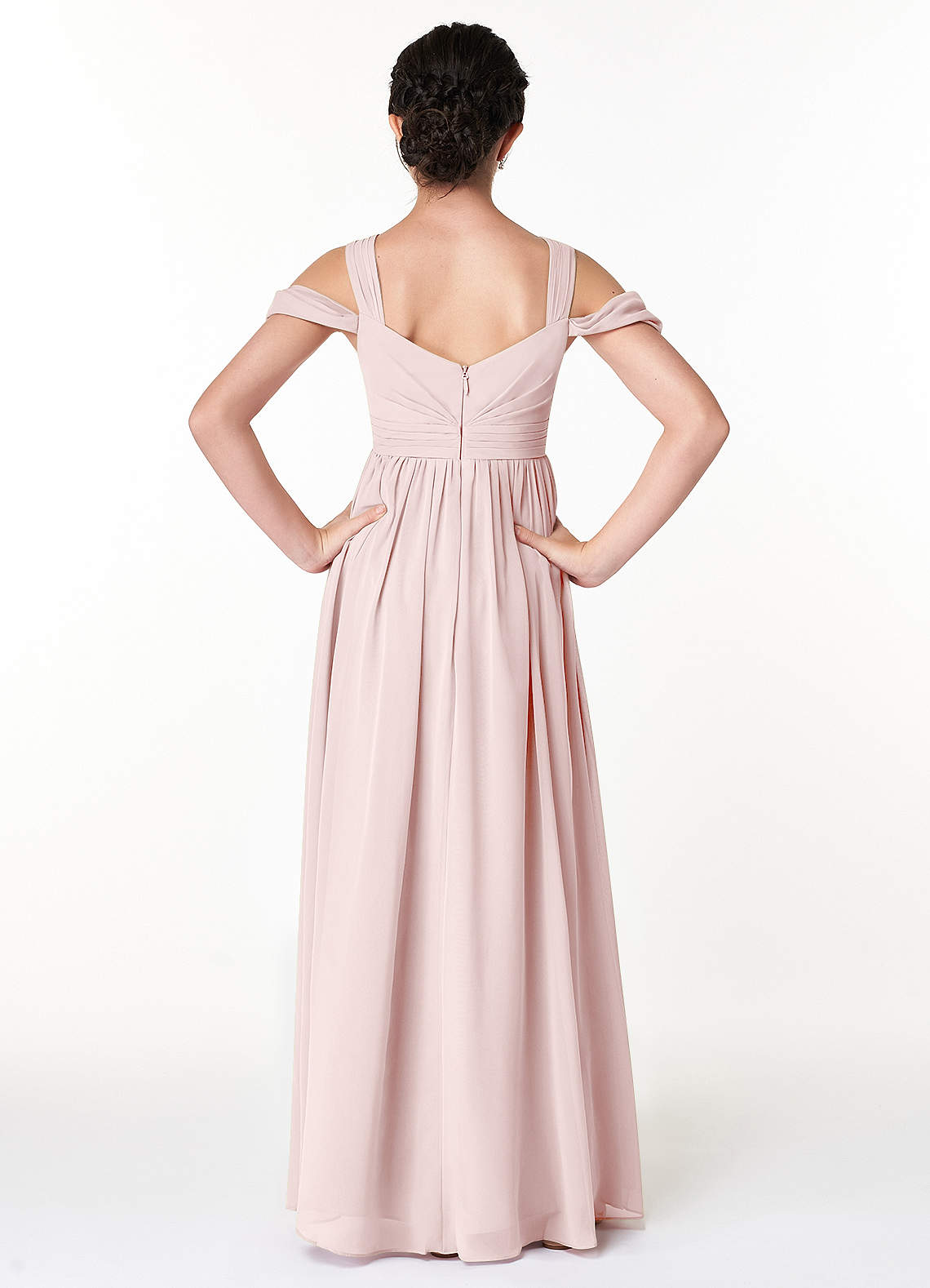 Azazie Lianne Junior Blushing Pink A-Line Off the Shoulder Chiffon Dress image1