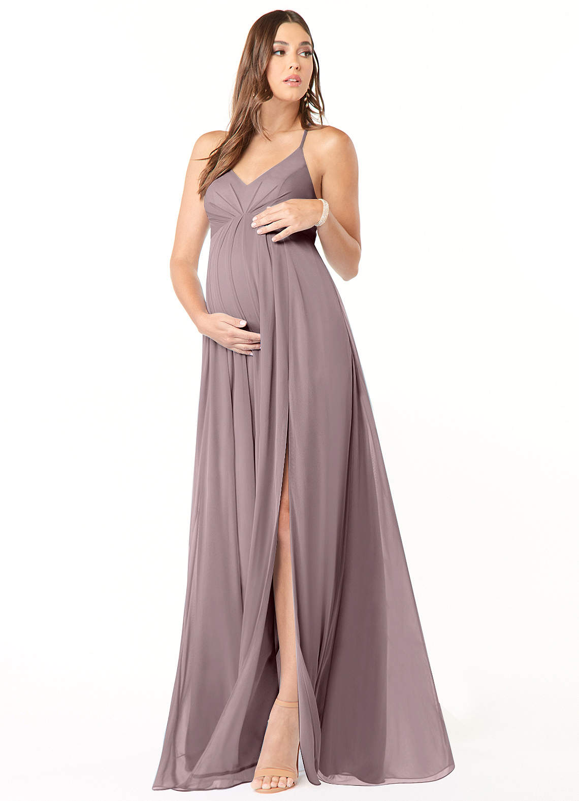 Azazie Annabelle Maternity Bridesmaid Dresses A-Line V-Neck Pleated Mesh Floor-Length Dress image1