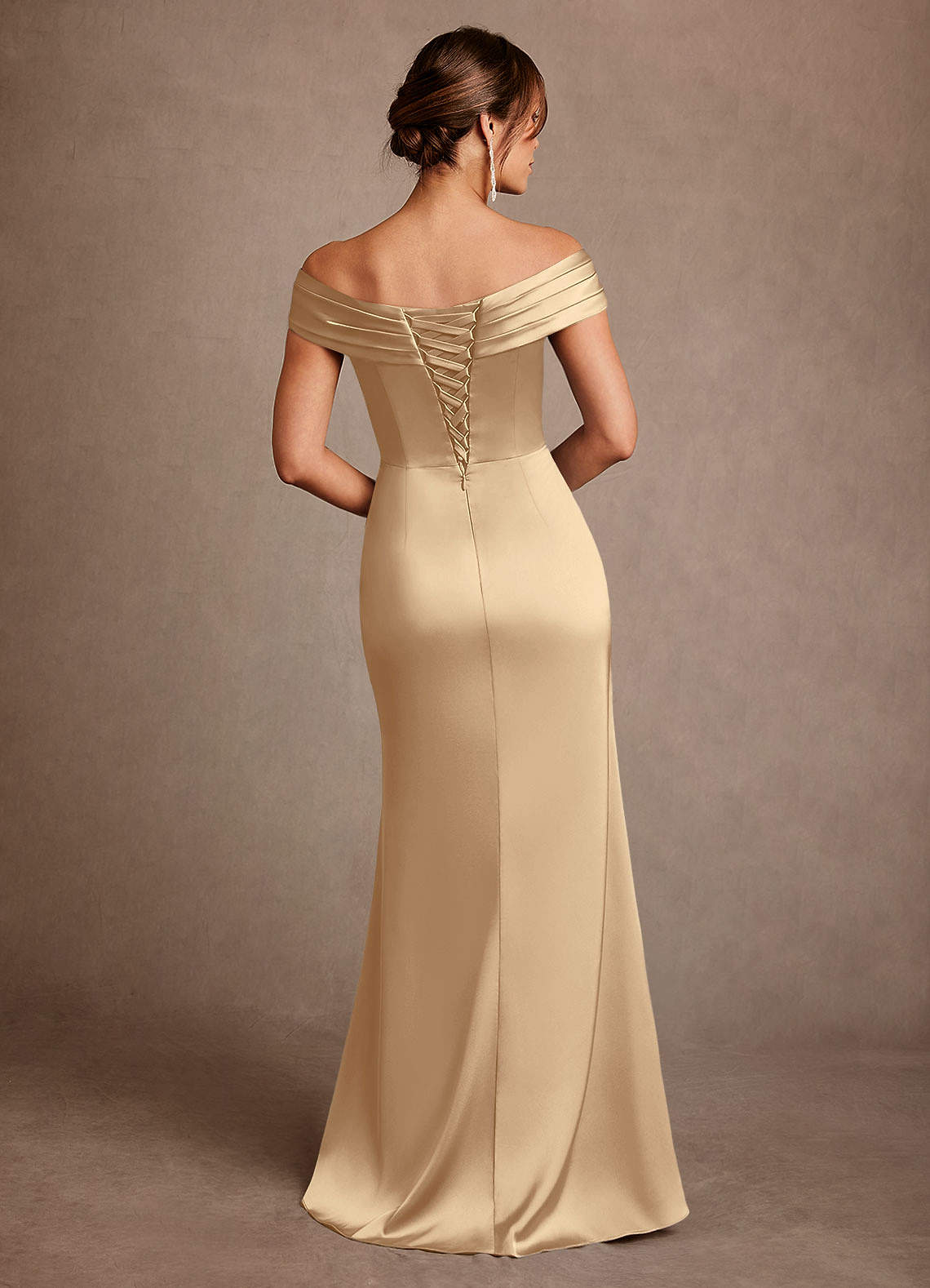 Azazie Bedford Mother of the Bride Dresses Champagne Sheath Pleated Stretch Satin Dress image2