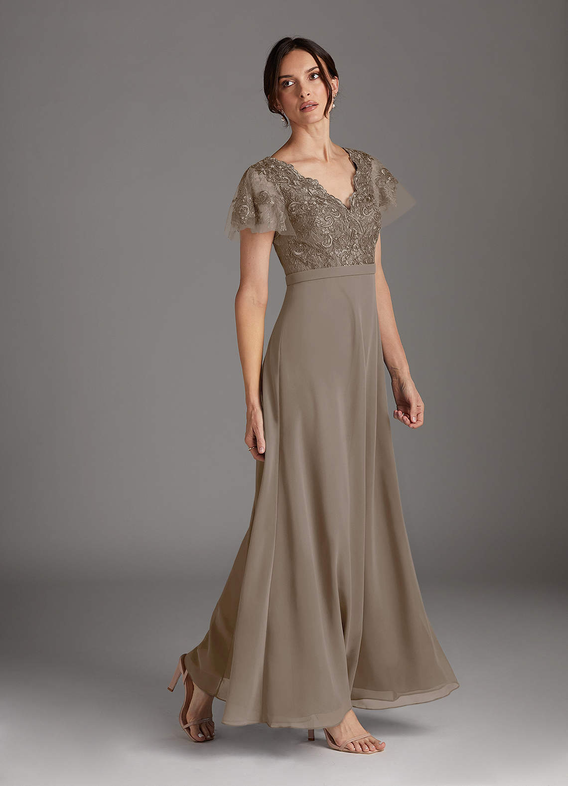 Azazie Singer Taupe A-Line V-Neck Lace Chiffon Dress | Azazie