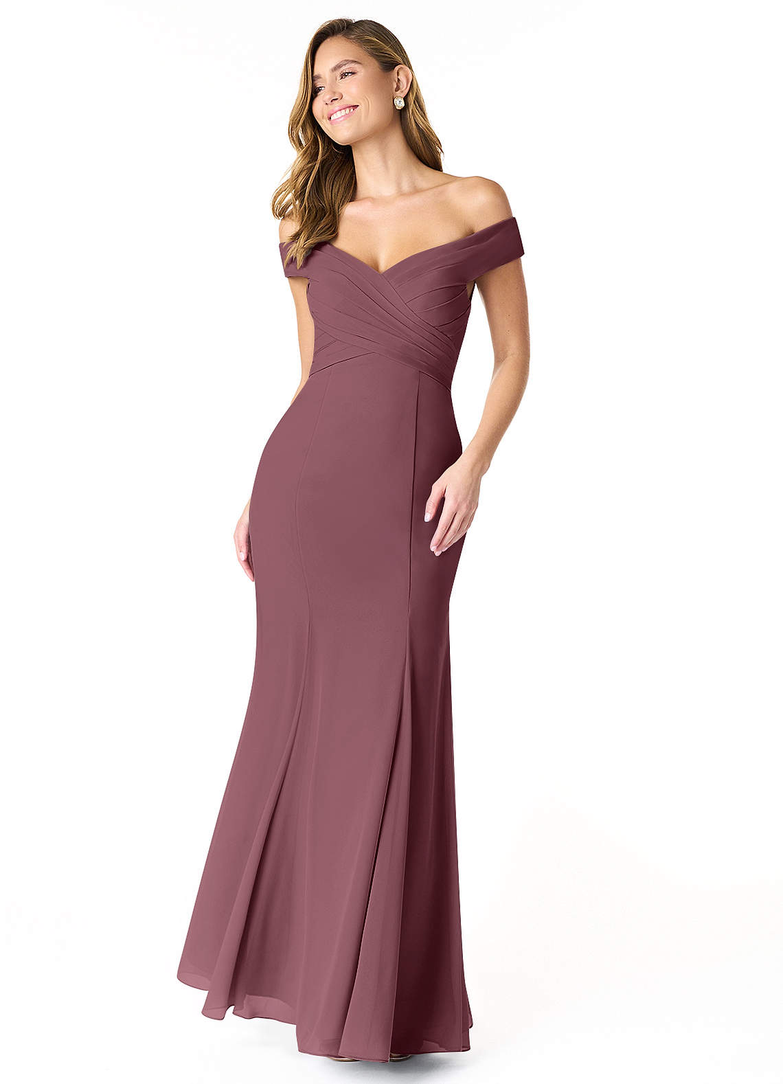 Azazie Lecia Bridesmaid Dresses Sangria Empire Off-The-Shoulder Pleated Chiffon Convertible Dress image1