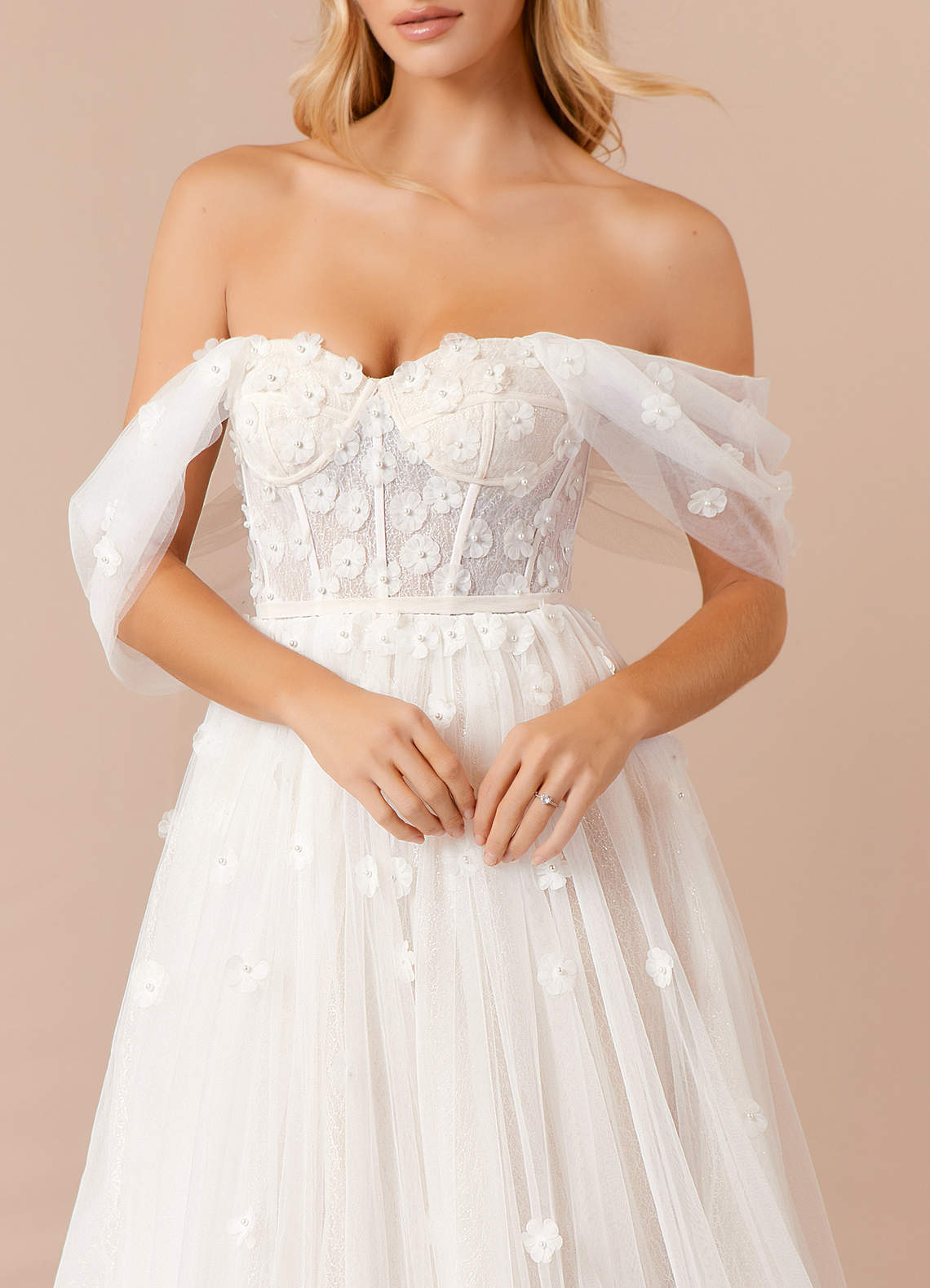 Azazie Airellie At-home Try On Dresses Diamond White Champagne A-Line Off the Shoulder Tulle Dress image6