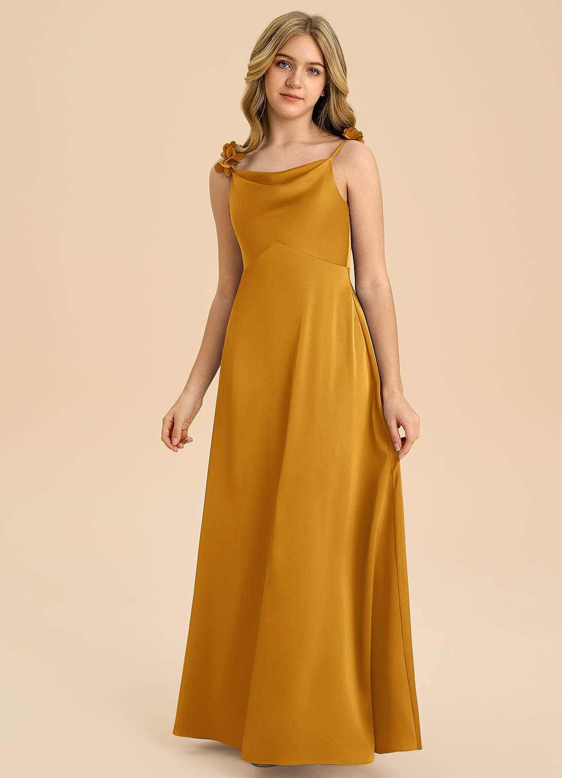 Azazie Gumdrop Junior Robe Empire en Satin extensible Plissée Caramel écossais image2