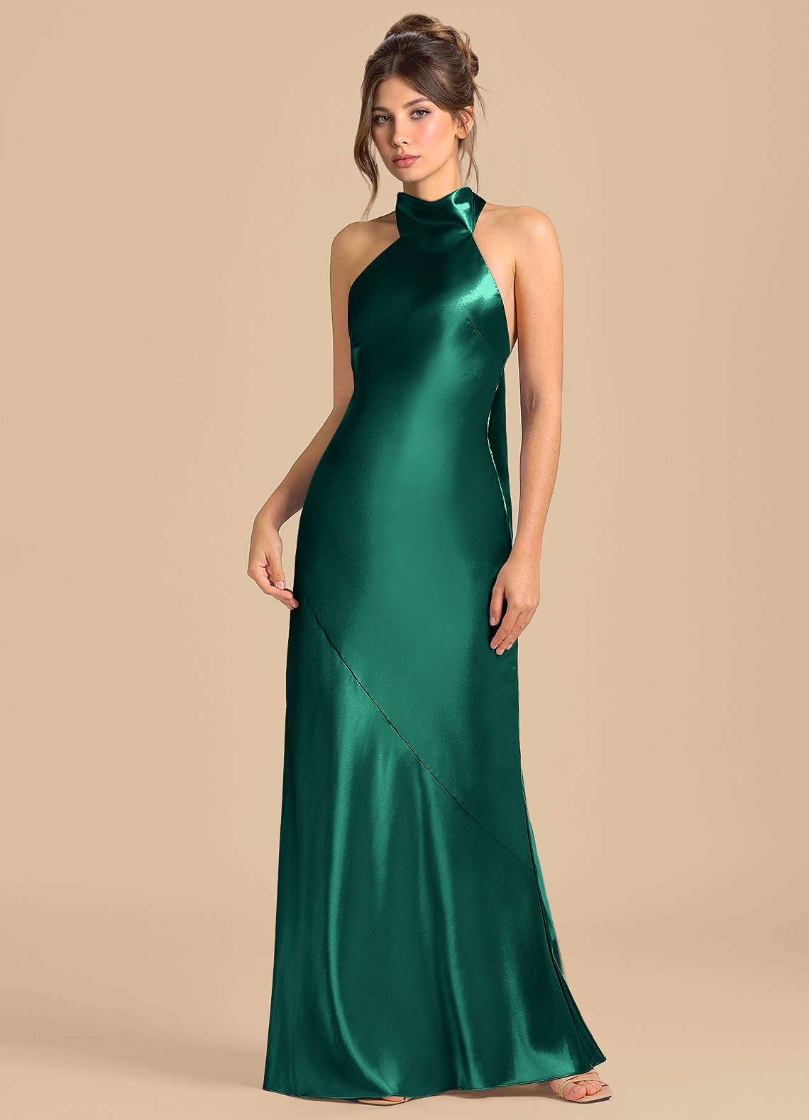 Azazie Velli Brudtärnklänningar Klä av Tubklänning i Metallisk satin Hög hals Smaragdgrön image2