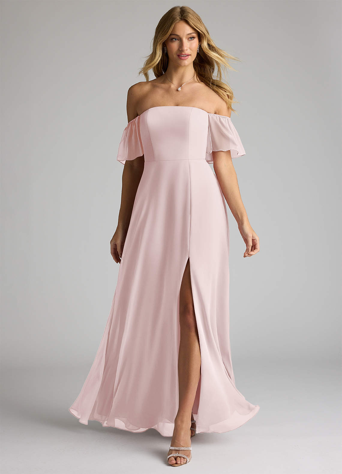 Azazie Sue Bridesmaid Dresses Blushing Pink A-Line Off the Shoulder Chiffon Convertible Dress image1